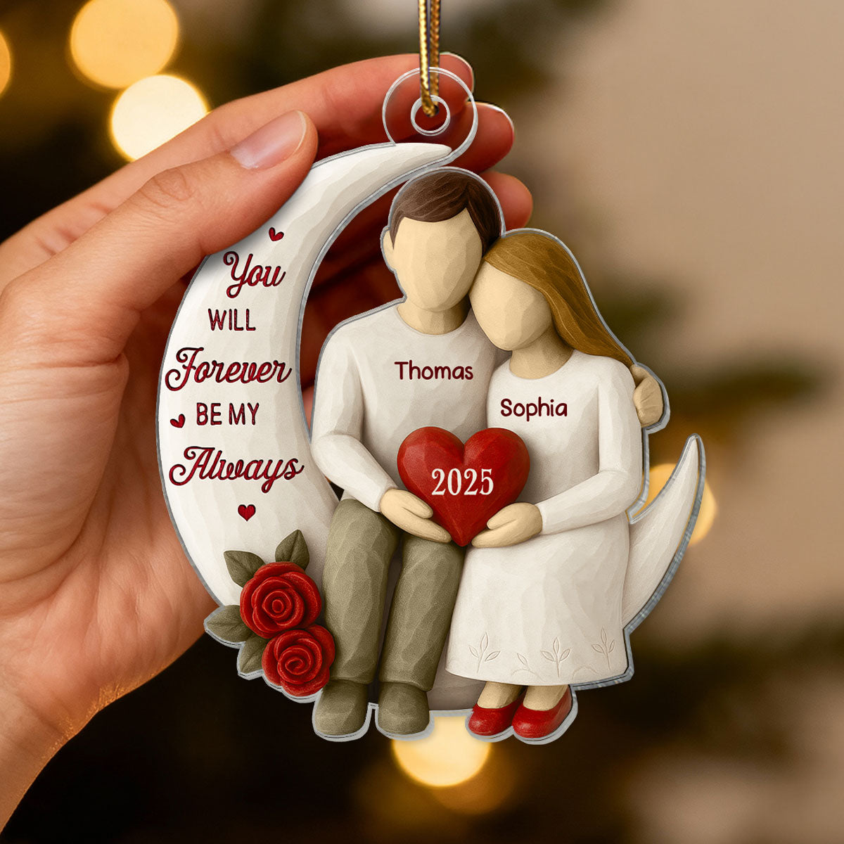 3D Effect Roses Wooden Texture Couple On Moon - Personalized Acrylic Ornament - Christmas Gift For Couple