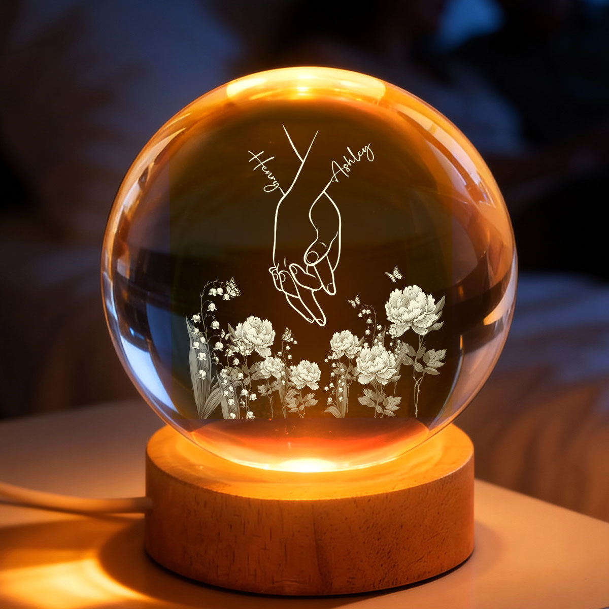 I Love You Couple Hand Print Birth Flower - Personalized Crystal Ball LED Night Light - Sentimental Gift for him, for her