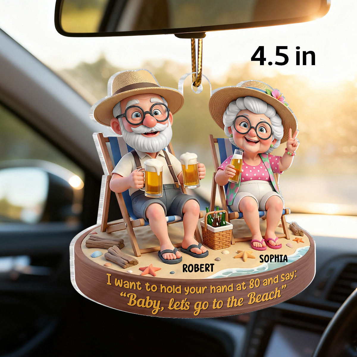 3D Effect Old Couple Baby Let's Go to the Beach  - Personalized Acrylic Car Hanger - Sentimental Gift for him, for her