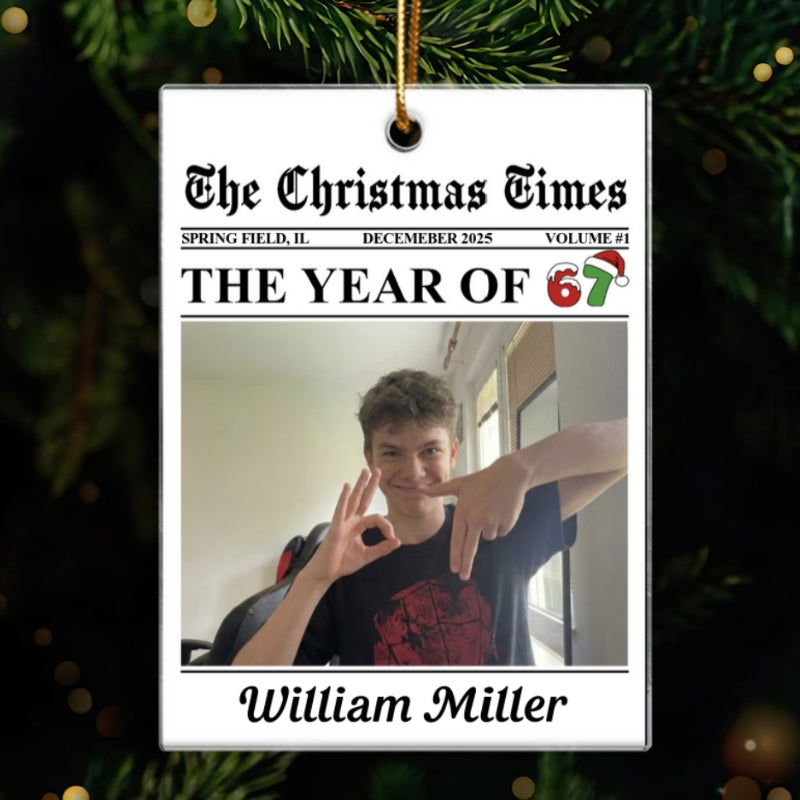 Custom Photo Newspaper Style 2025 Trending Slang Christmas 67 Six Seven - Personalized Acrylic Ornament - Funny Christmas Gift For Teen, Grandkid, Gen Alpha