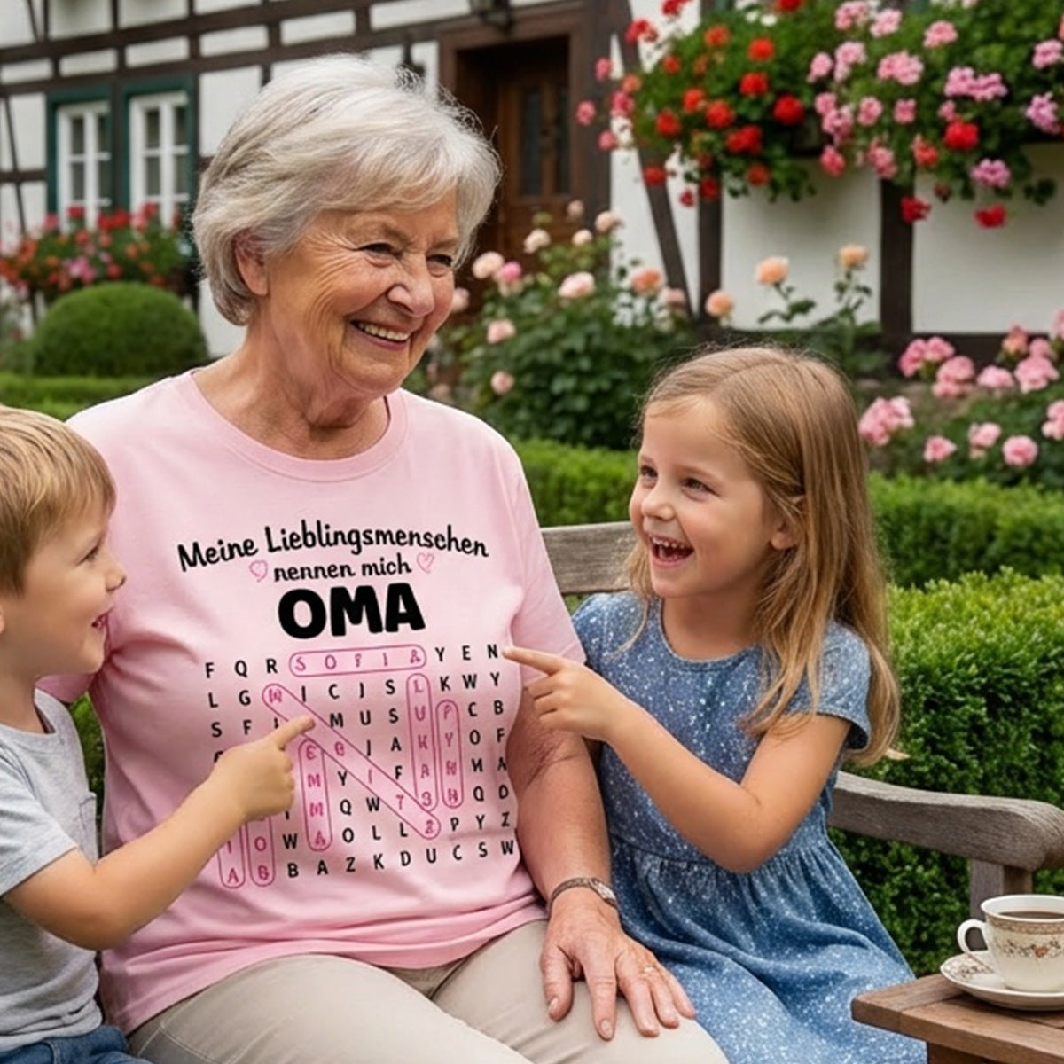 Meine Lieblingsmenschen nennen mich Oma Wortsuchrätsel – Personalisiertes Shirt – Geschenk für Oma