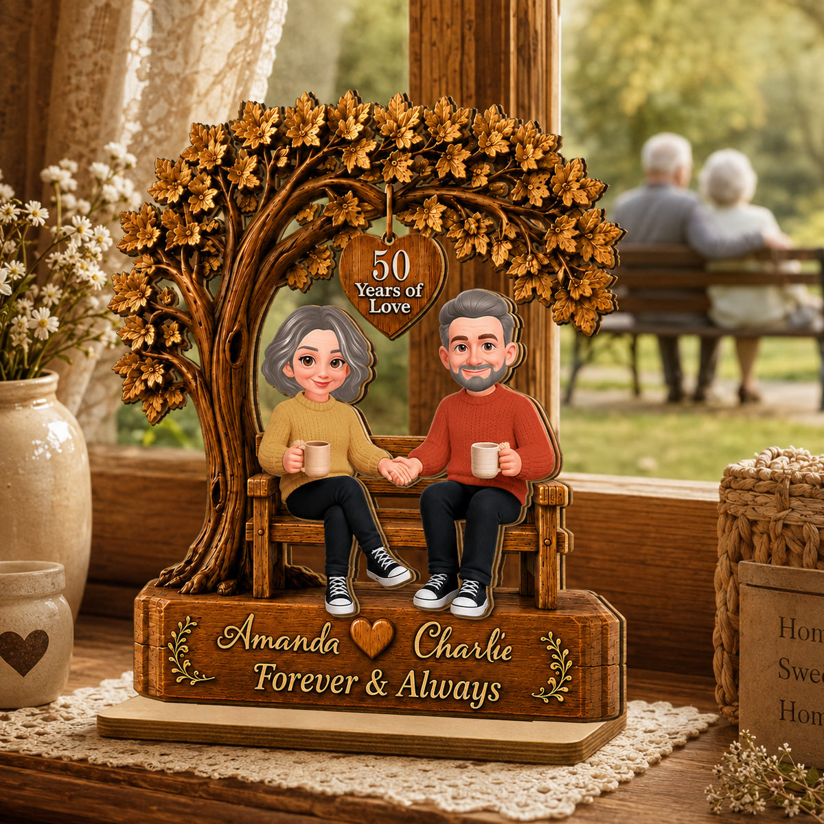 Couple Sitting Under Tree - Personalized 2-Layered Wooden Plaque - Golden Couple Keepsake, Anniversary Gift for Her, for Him