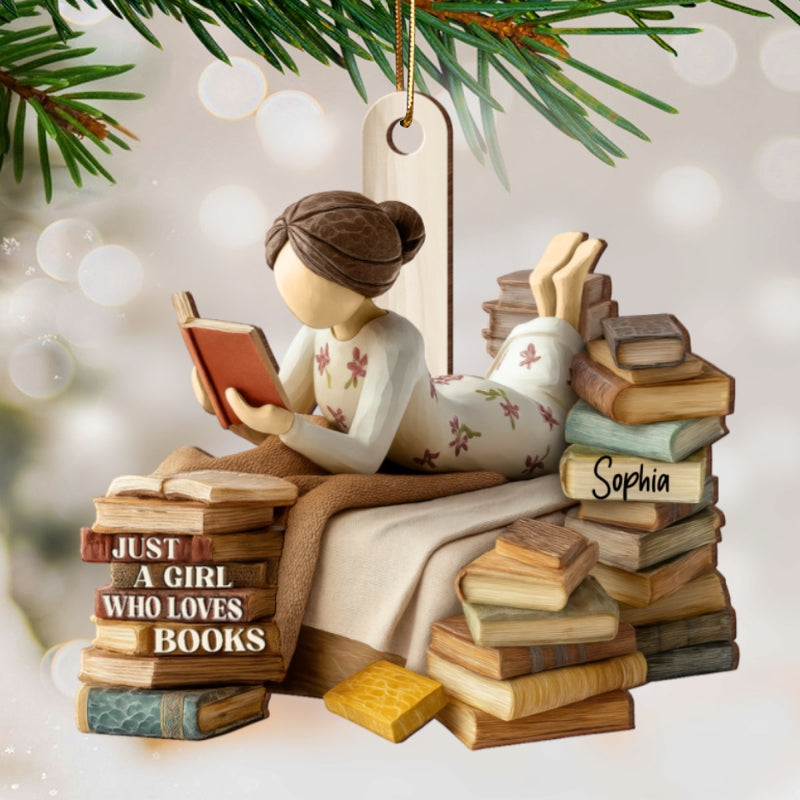 Just A Girl Who Loves Books 3D Effect - Personalized Wooden Ornament - Christmas Gift For Book Lover, Bookworm