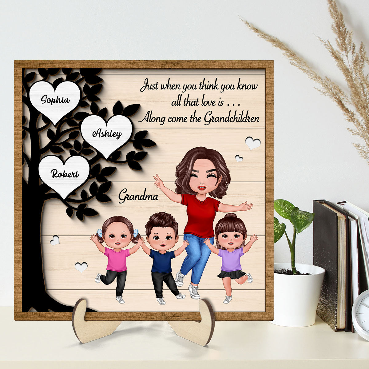 Love Come Along With Grandchildren Heart Tree Happy Grandma Grandkids Personalized 2-Layer Wooden Plaque