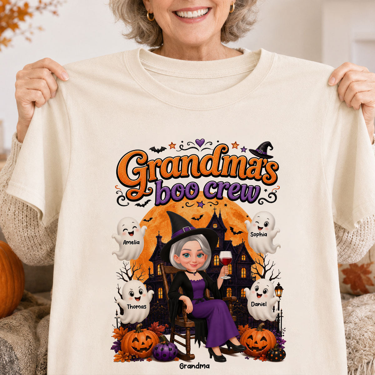 Cute Halloween Haunted House Grandma's Boo Crew - Personalized Shirt - Halloween Gift For Grandma