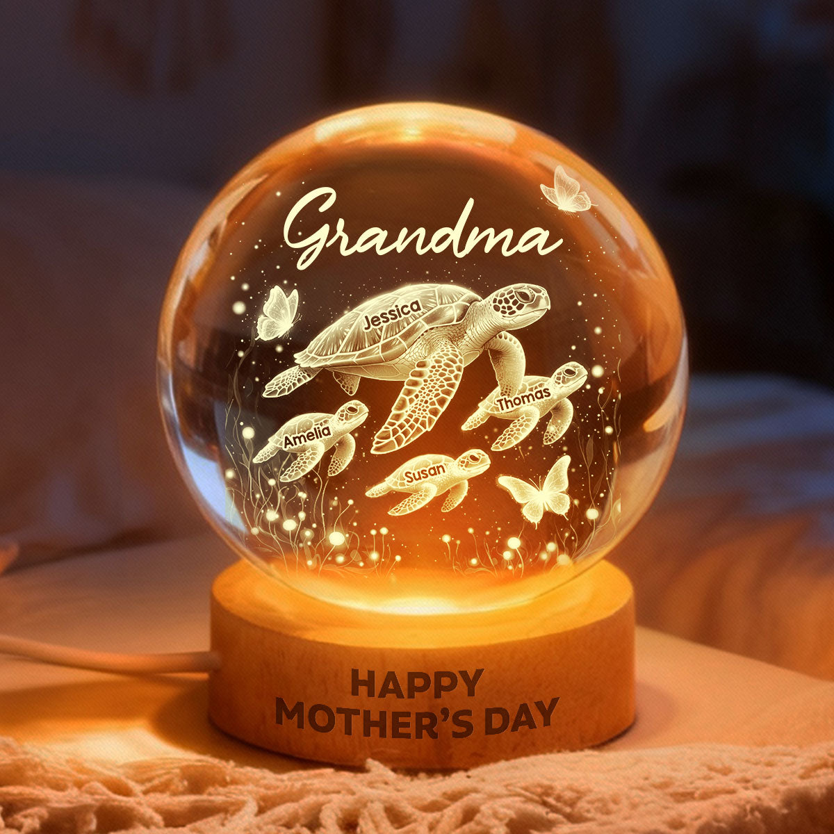 Grandma Mom Sea Turtle - Personalized Crystal Ball LED Night Light - Mother's Day Gift for Grandma