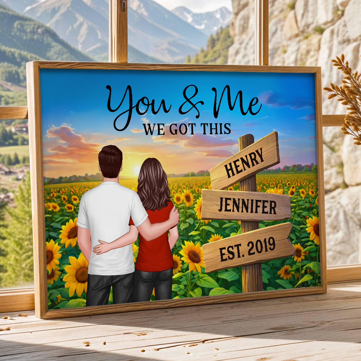 Everlasting Love Back View Couple Sunflower Field Sign Posts - Personalized Poster - Valentine's Day Gift For Couple