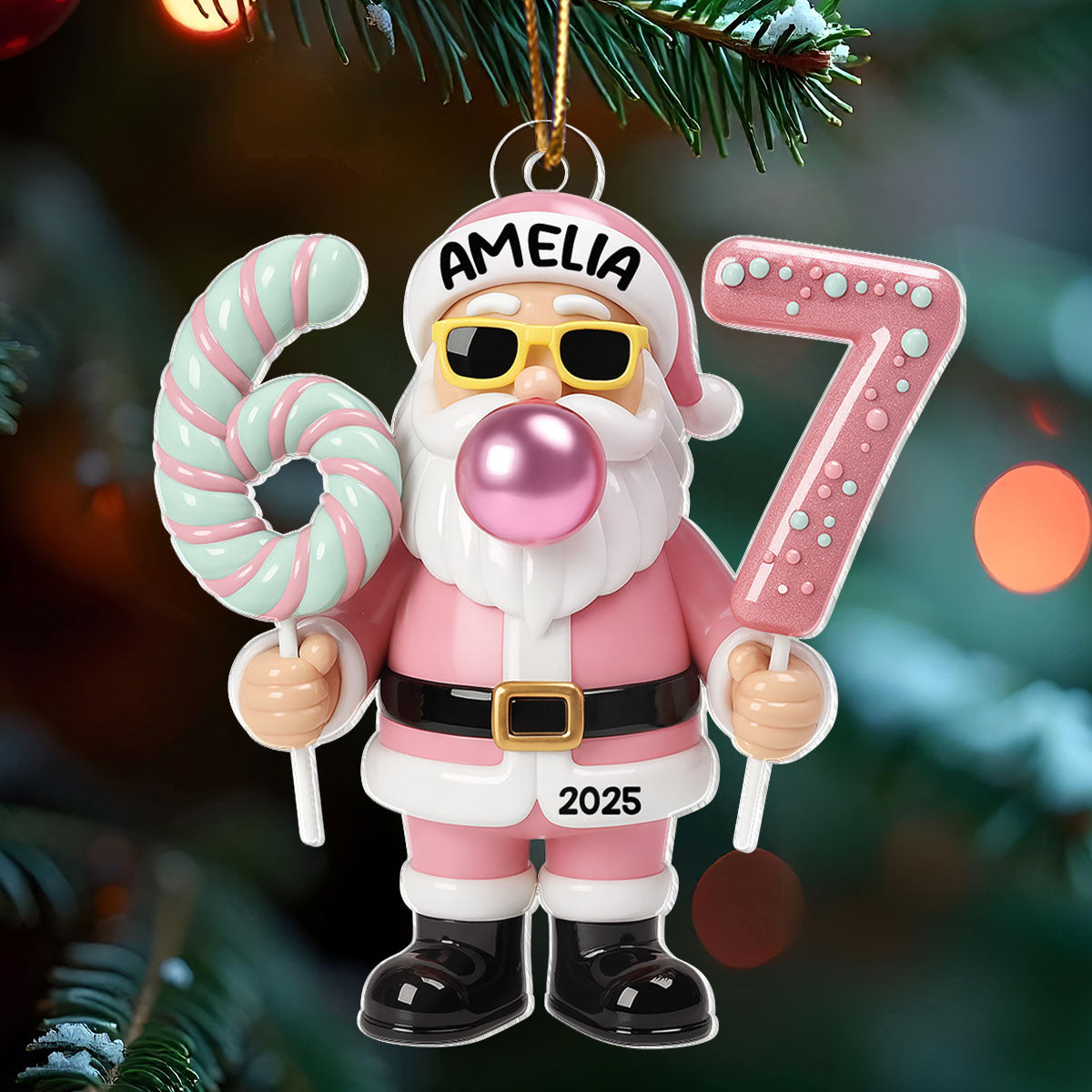 Pink Santa Six Seven - Personalized Acrylic Ornament - Christmas Gift for Kid, Grandkids