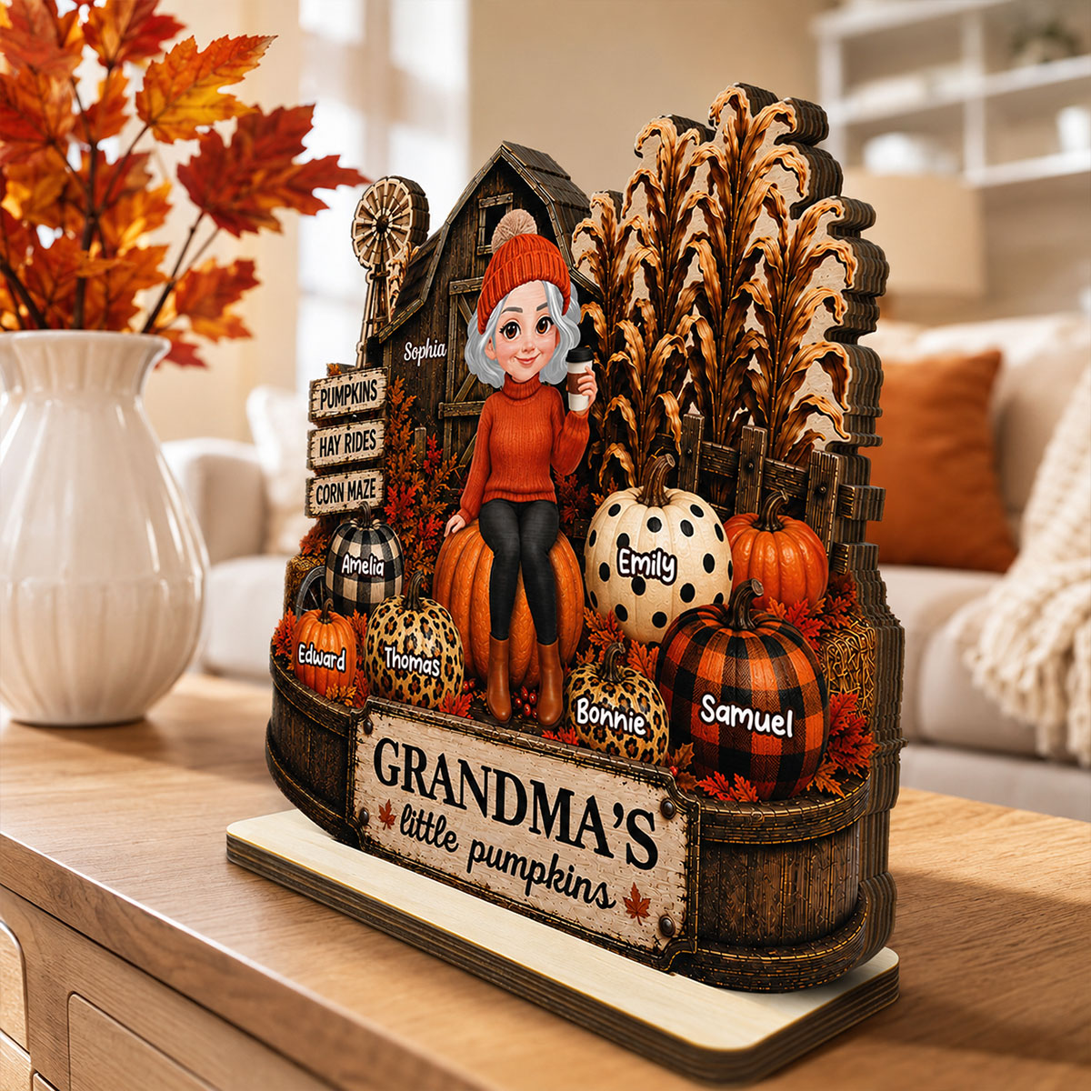 Grandma Pumpkins Hay Rides Corn Maze 2D Flate - Personalized Wooden Plaque