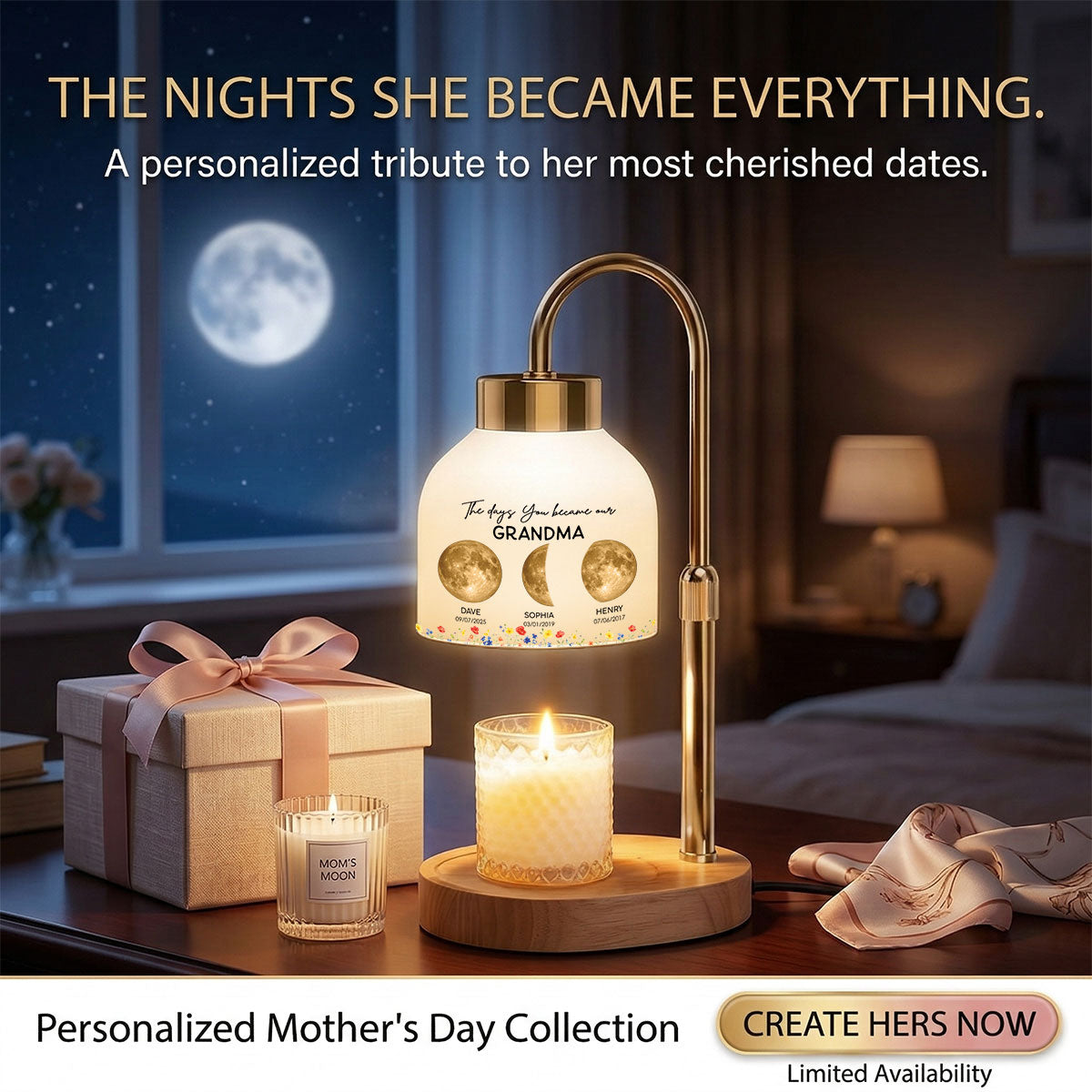 The Days You Became Our Mom Grandma Custom Golden Moon Phase By Date - Personalized Candle Warmer Lamp