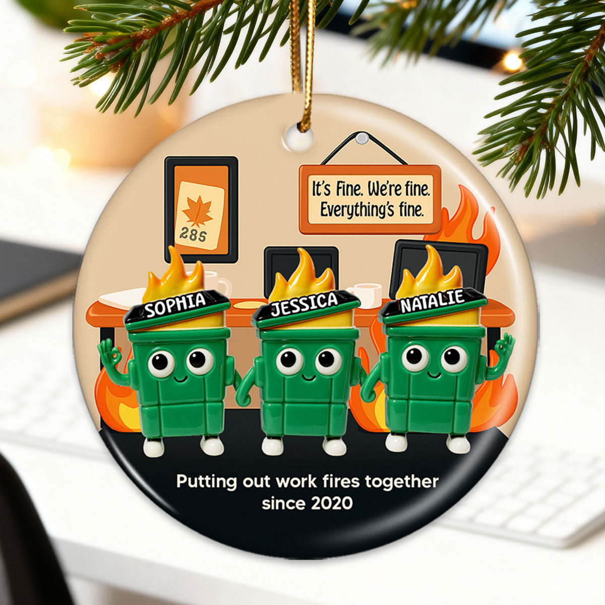 3D Effect Dumpster Fires In Office Scene - Personalized Ornament - Funny Gift For Colleagues, Work Besties