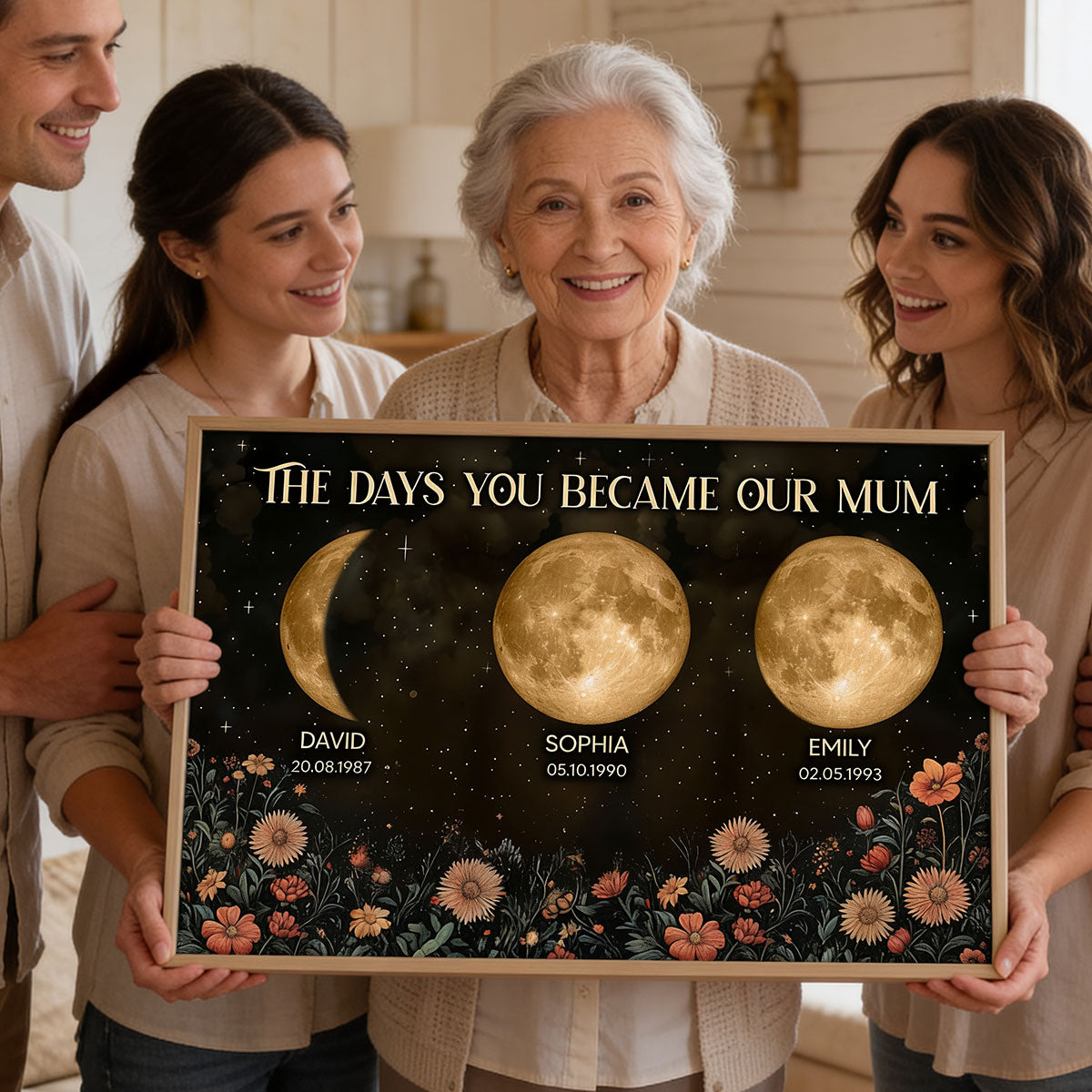 Vintage Flowers The Day You Become Mum Mom Grandma Custom Title And Nickname And Birth Moon Phase - Personalised Poster - Mother's Day Gift For Mum, Grandma