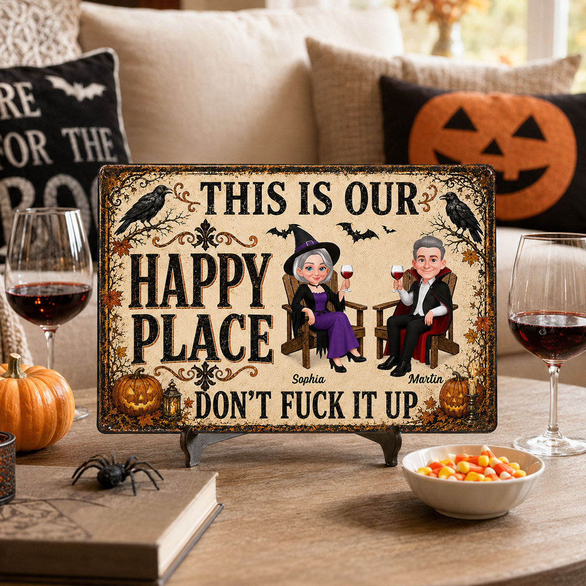 Happy Place Halloween Couple - Personalized Metal Sign - Halloween Gift For Him, Her
