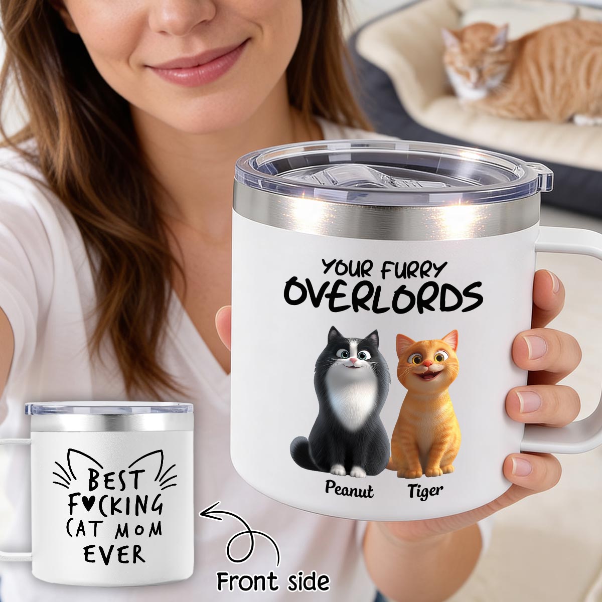 Best Fcking Cat Mom Ever Cartoon Cats - Personalized Stainless Steel Tumbler with Handle - Mother's Day Gift For Cat Lovers