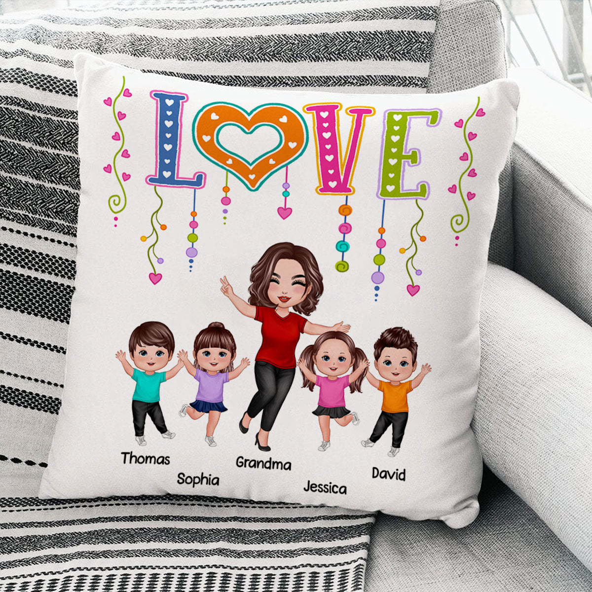 LOVE Happy Doll Grandma Mom With Kids Personalized Pillow