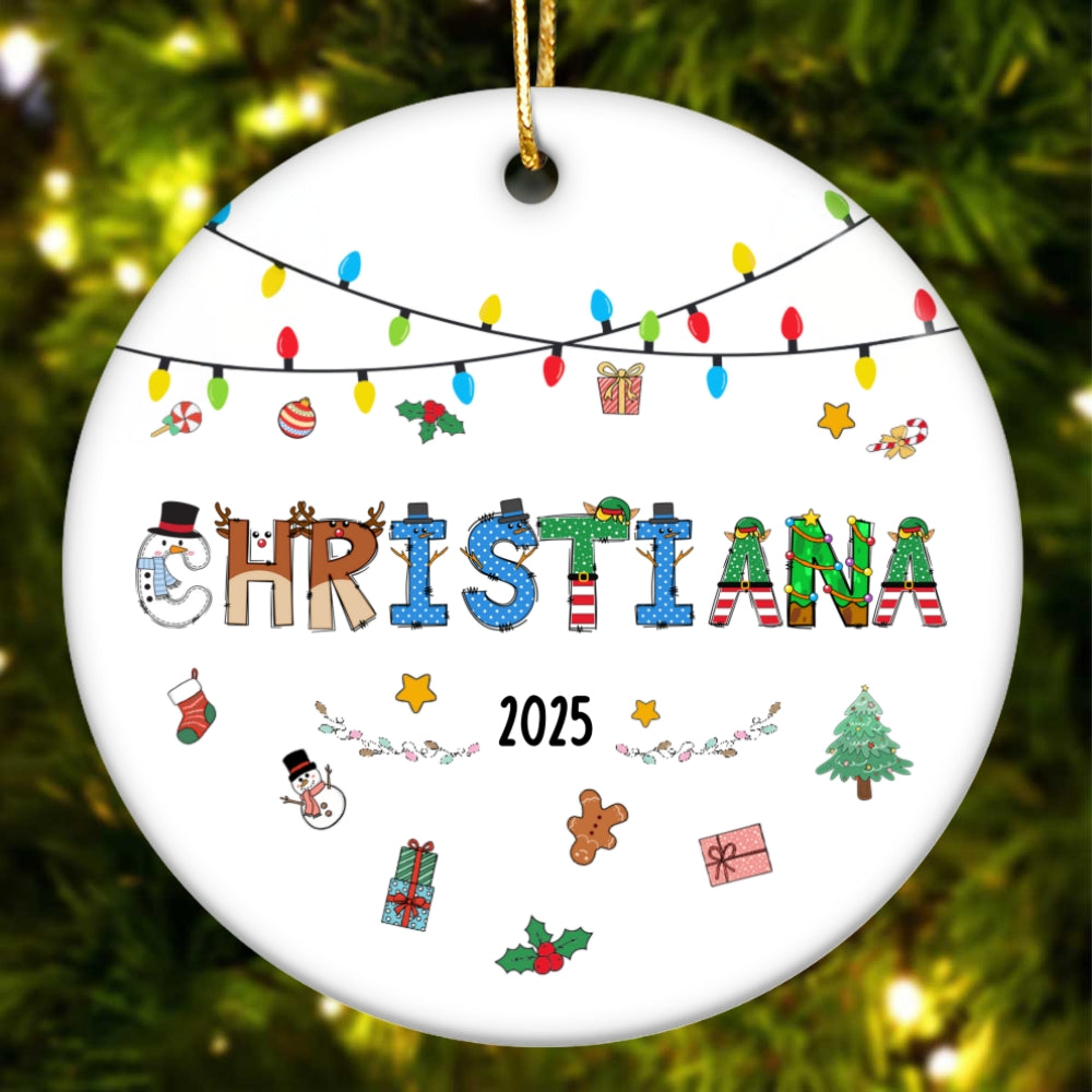 Christmas Theme Kid Name Christmas - Personalized Ceramic Ornament - Gift For Grandchildren, Boy, Girl