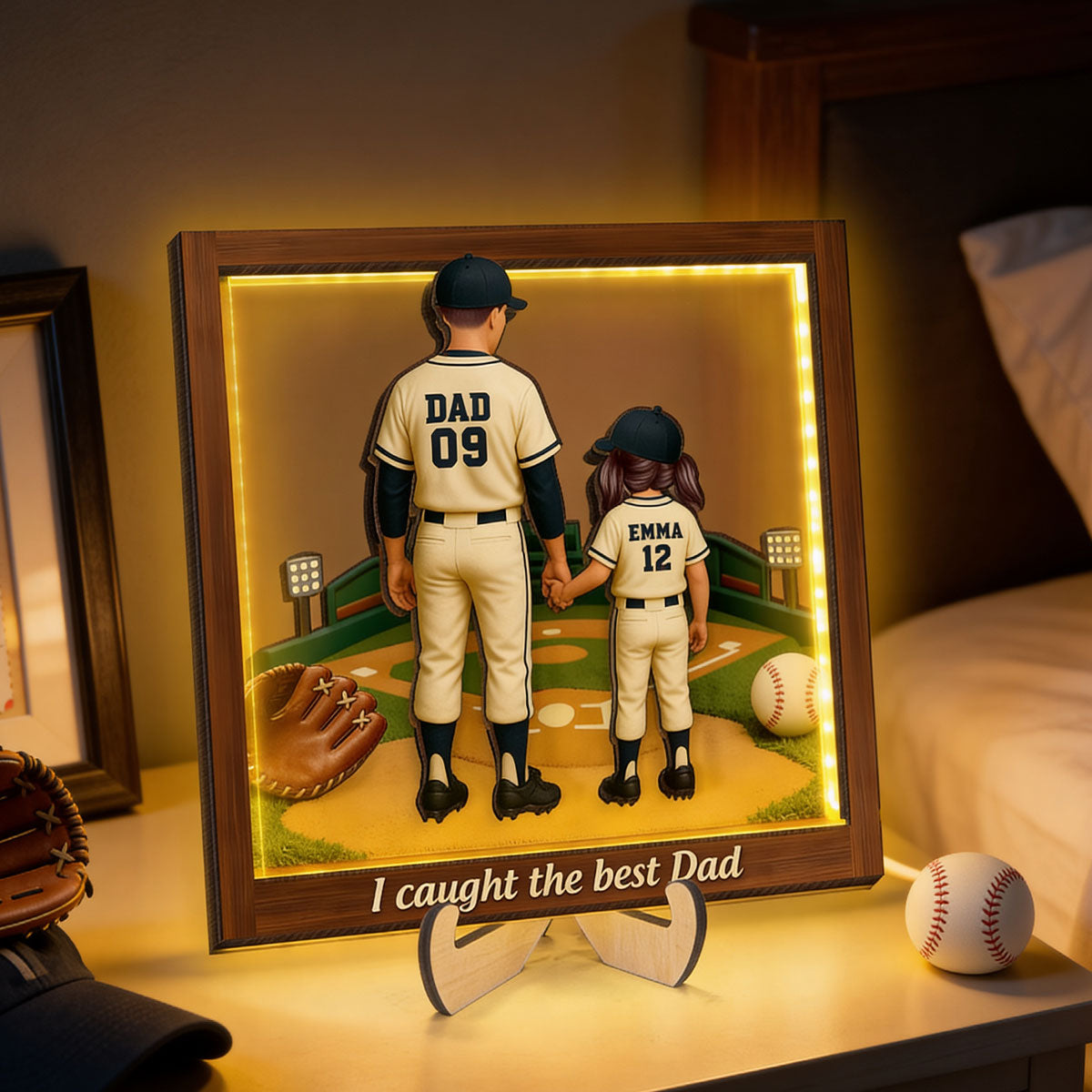 We Caught The Best Dad Baseball - Personalized Wooden Frame With LED - Heartfelt Gift For Baseball Dad