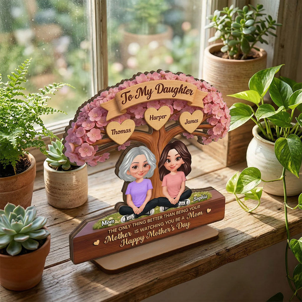 Blossom Tree To My Daughter From Mom Happy Mother's Day Custom Kids Names - Personalized 2-Layered Wooden Plaque - Mother's Day Gift For Daughter