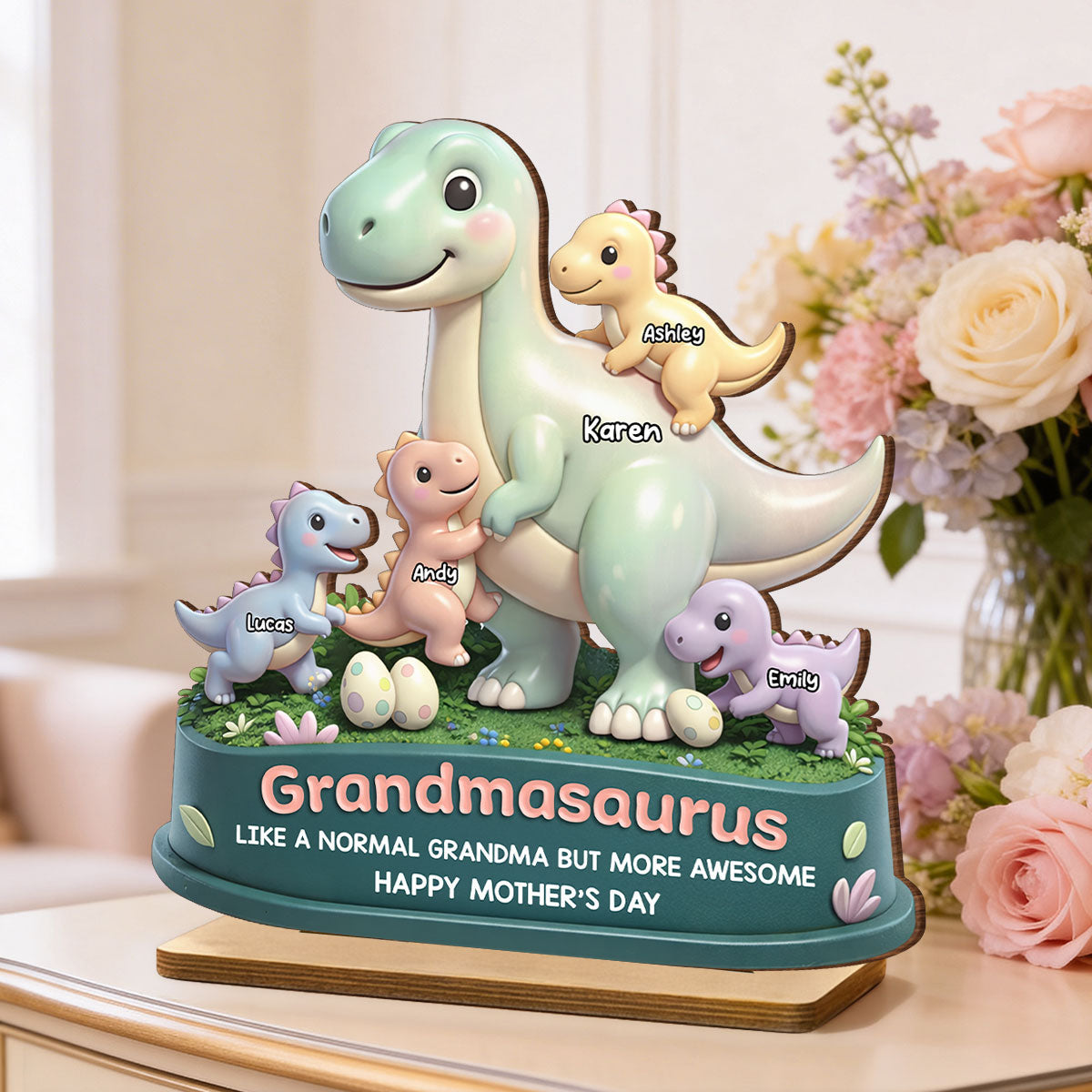 Mamasaurus More Awesome - Personalized 2-Layered Wooden Plaque - Sentimental Mother's Day Gift for Mom, Wife