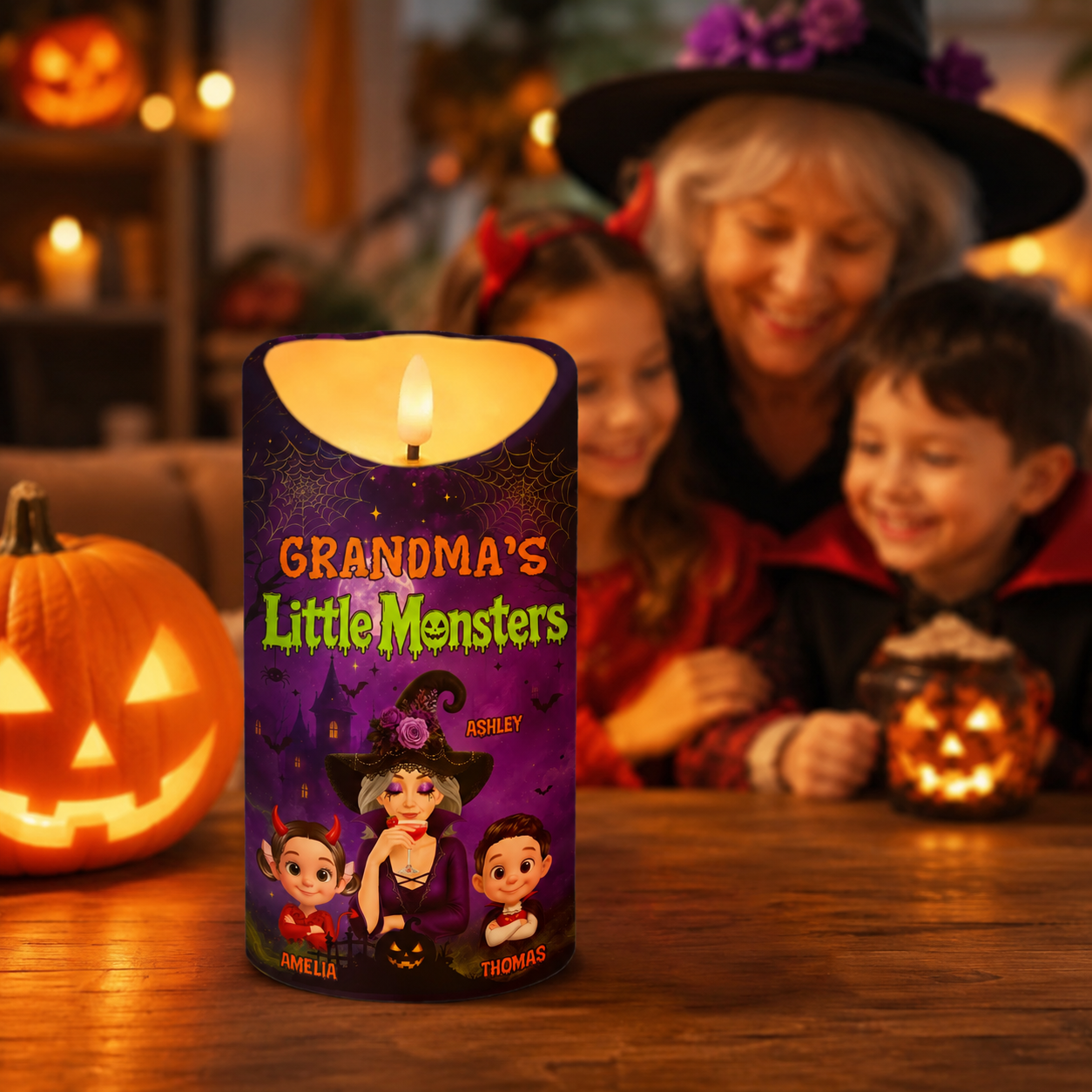 Grandma's Little Monsters Pretty Witch & Kids Purple Theme - Personalized LED Candle - Perfect Halloween Decor for Grandma