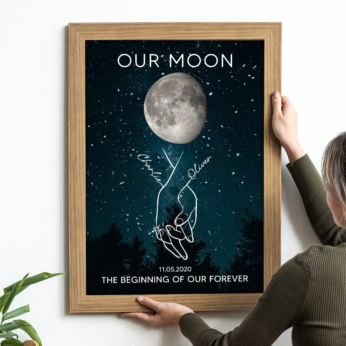 Timeless Love Couple Holding Hands Line Art Custom Moon Phase Anniversary Date - Personalized Poster - Gift For Couple