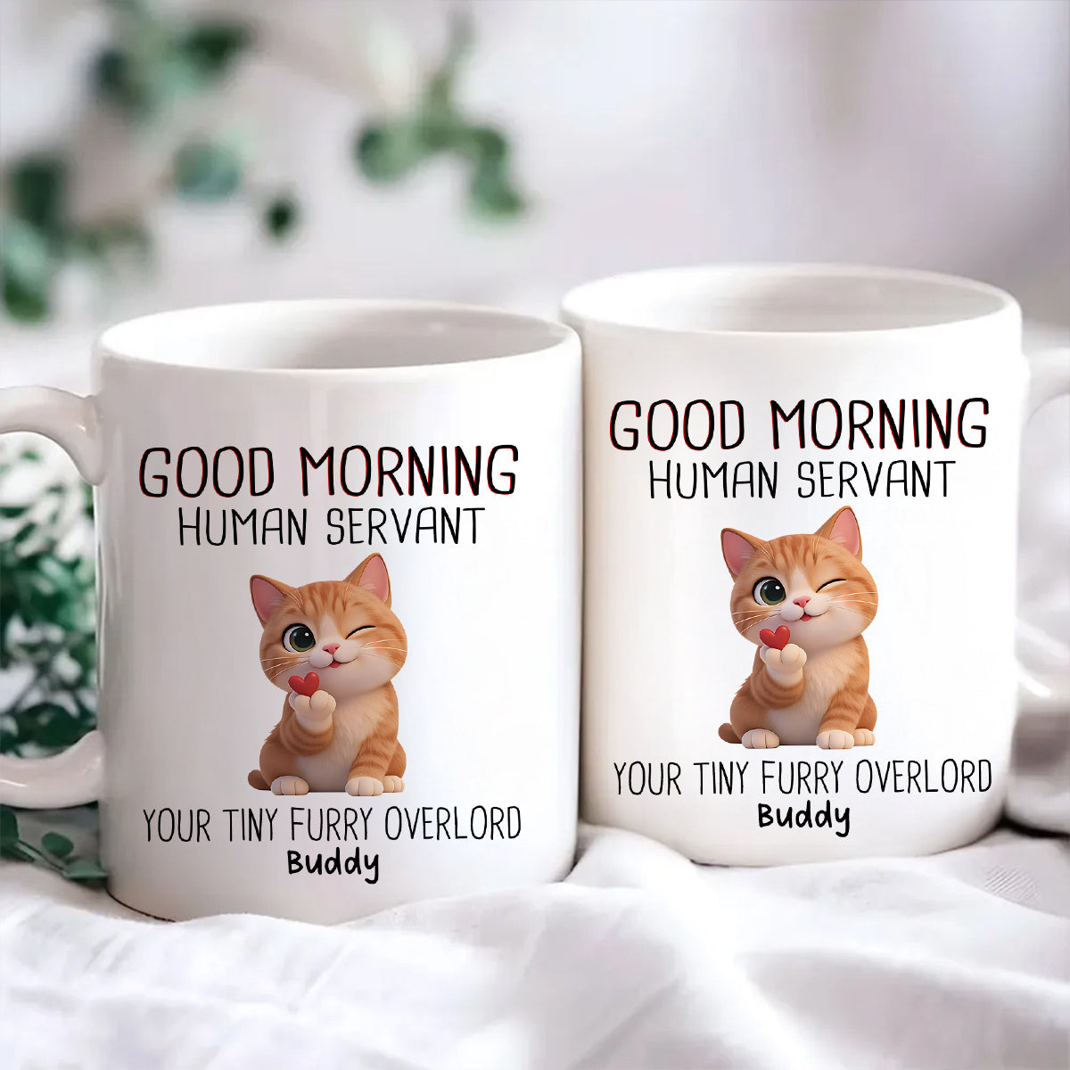 Good Morning Human Servant Cute Fluffy Cats - Personalized Mug - Funny Gift for Cat Moms, Cat Dads