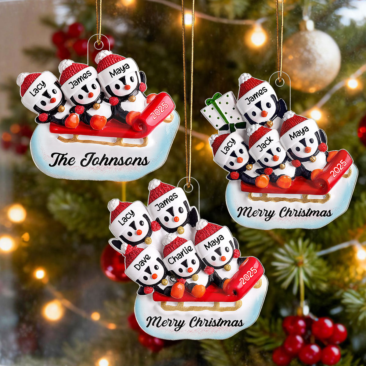 3D Effect Penguin Family On Sled - Personalized Acrylic Ornament