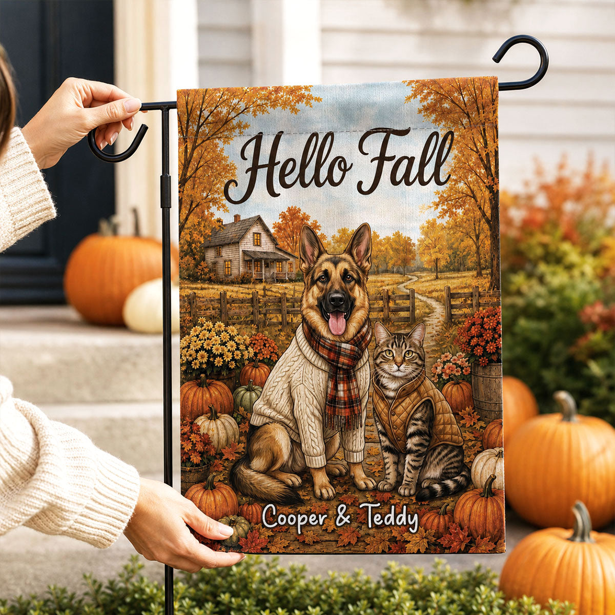 Vintage Dog Cat Hello Fall Photo Upload - Personalized Garden Flag - Fall Season Gift For Dog Mom, Cat Mom