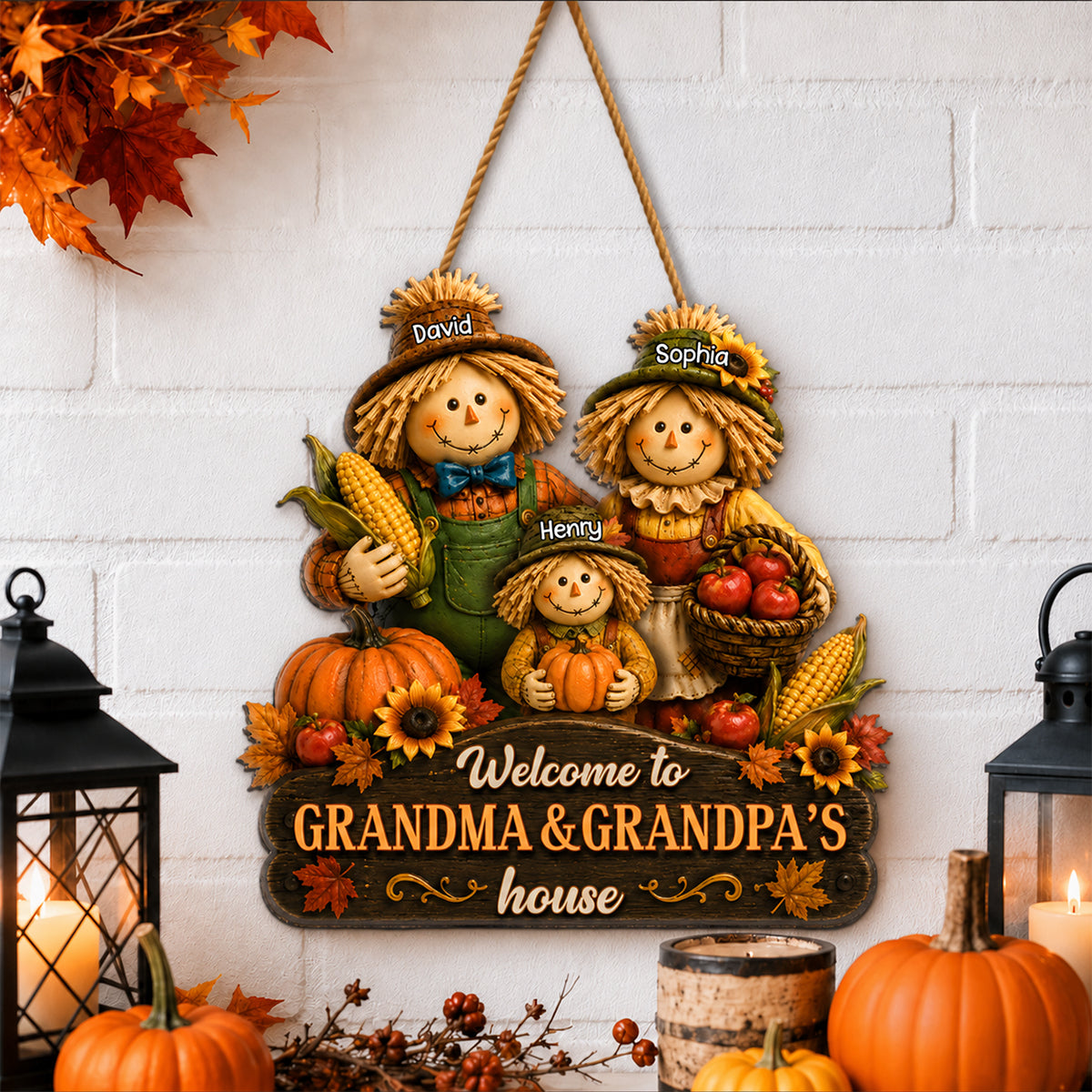 Welcome to Grandma Grandpa's House Scarecrow - Personalized Door Hanger - Fall Thanksgiving Decor