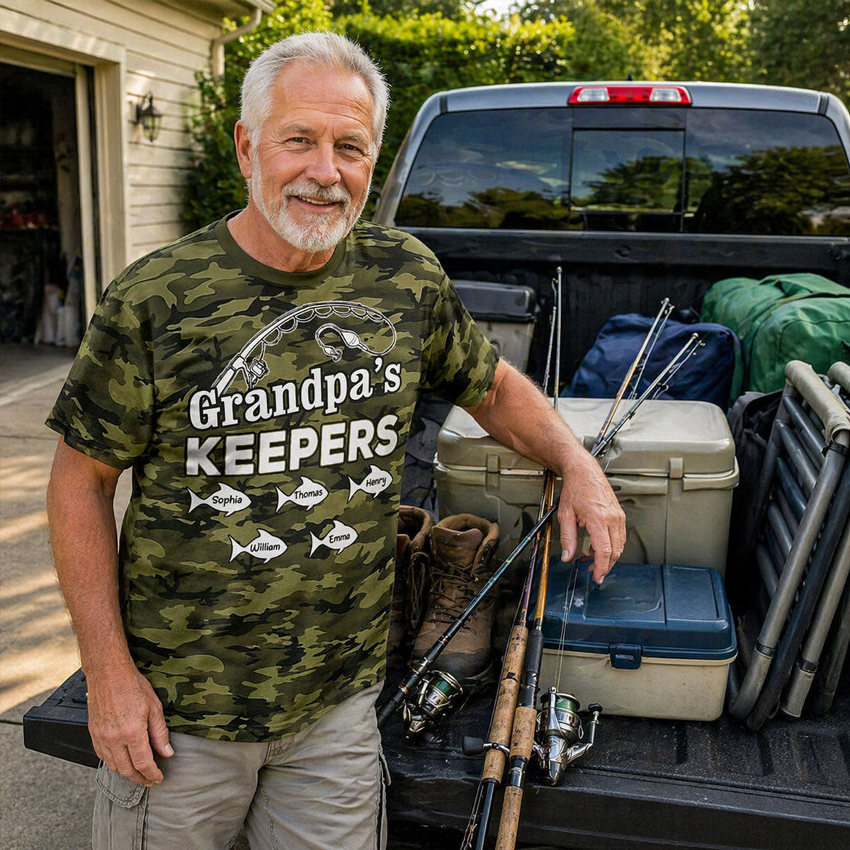 Grandpa's Keepers Kid Custom Name Camo Pattern - Personalized Shirt - Father's Day Gift For Fishing Grandpa, Dad, Husband