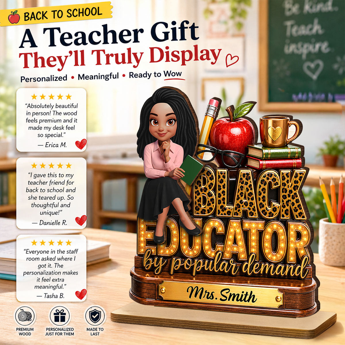 Black Educator by Popular Demand - Personalized 2-Layered Wooden Plaque - Back to School Decor for Teacher