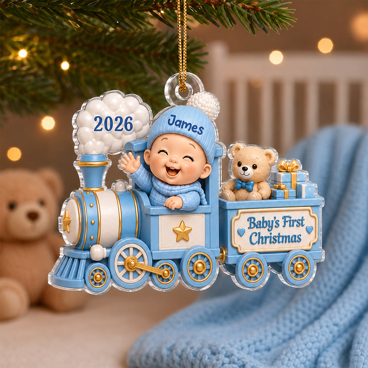 Baby First Christmas On Toy Train 2D Flat - Personalized Acrylic Ornament