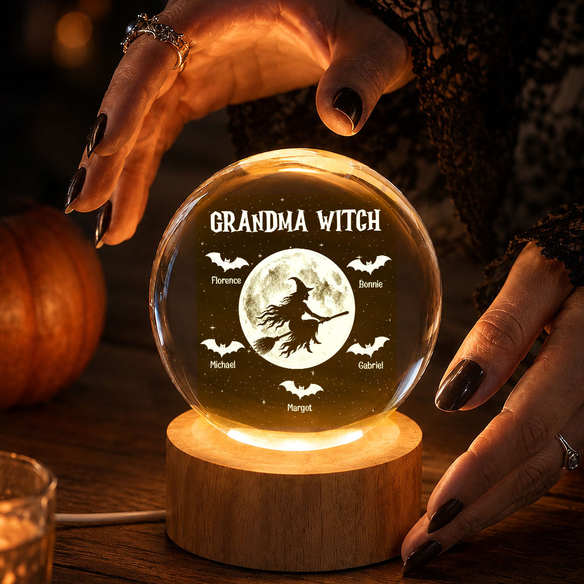 Grandma Witch With Kids Names - Personalized Crystal Ball Night Light - Halloween Gift