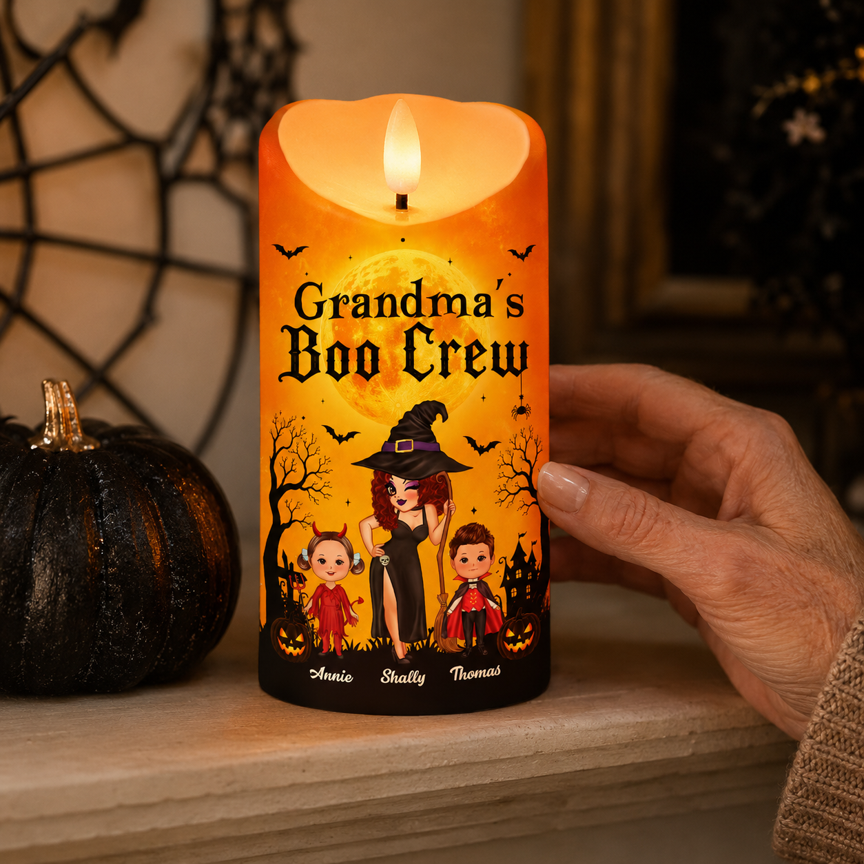 Grandma's Boo Crew Grandma Pretty Witch & Kids - Personalized LED Candle - Perfect Halloween Decor for Grandma