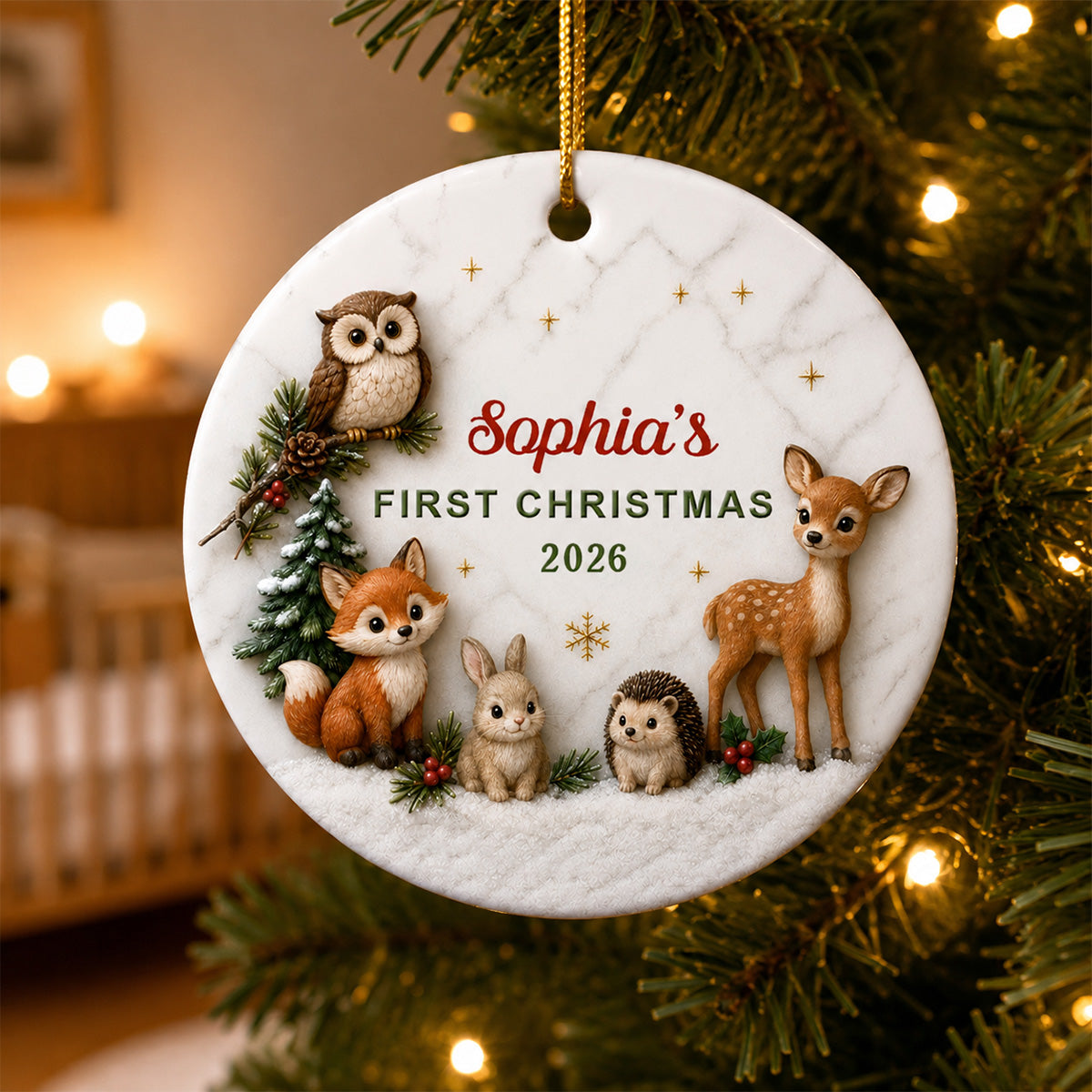 Baby First Christmas Woodland Animals 2D Flat - Personalized Ceramic Ornament - Christmas Keepsake