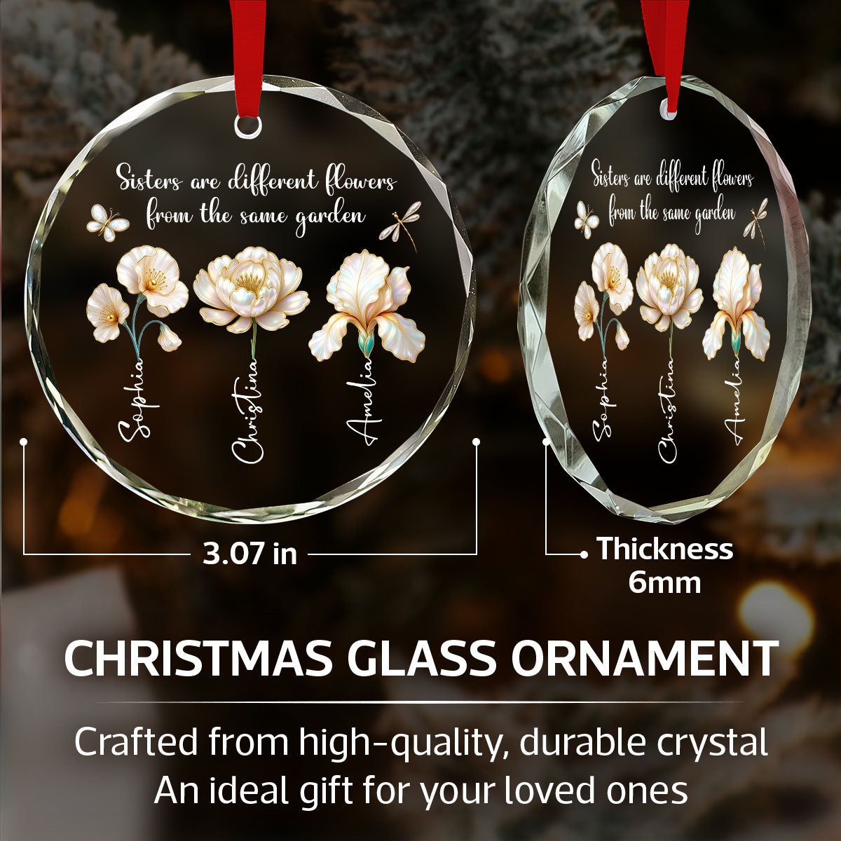 3D Effect Birth Flowers Sisters From The Same Garden - Personalized Glass Ornament - Birthday Christmas Just Because Gift For Sisters, Besties