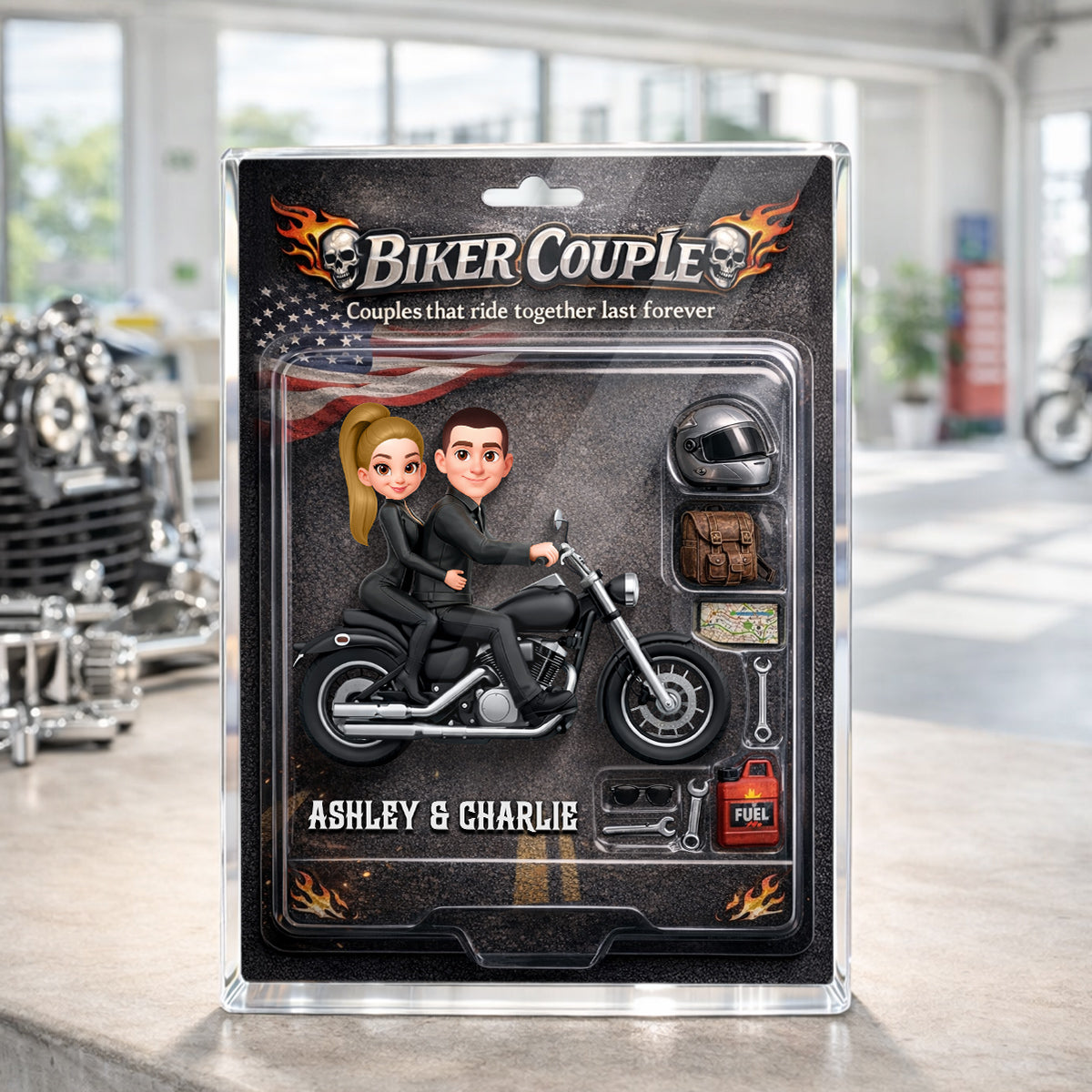 Couples That Ride Together Last Forever Nation Flag, Custom Action Figure Biker Couple - Personalized Acrylic Block Plaque - Heartfelt Gift for Him, for Her