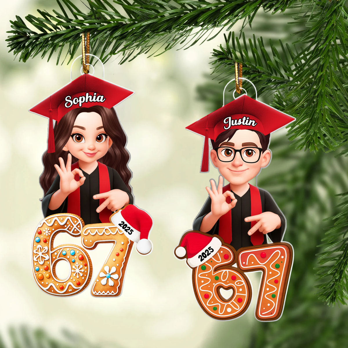 Christmas Pattern Senior Custom Six Seven 67 - Personalized Acrylic Ornament - Teen Slang Funny Tree Decor, Funny Teen Grandkid Gift