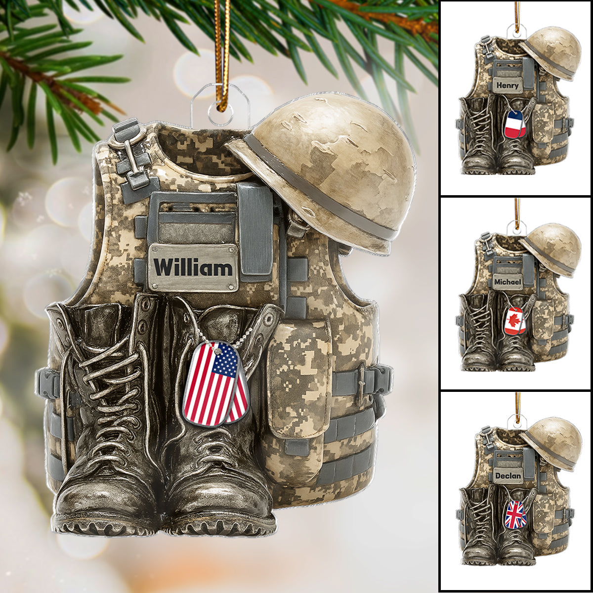 3D Effect Military Combat Vest, Boots And Helmet - Personalized Acrylic Ornament