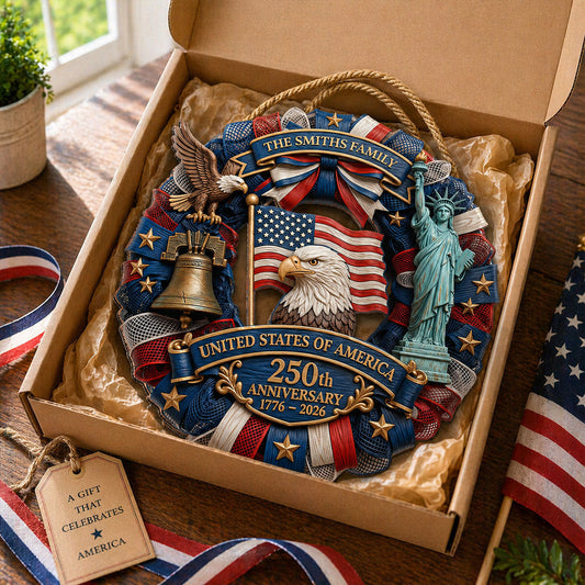 1776-2026 Eagle Liberty Bell Wreath 2D Printed - Personalized Door Hanger - United States 250th Anniversary USA Patriotic Home Decor