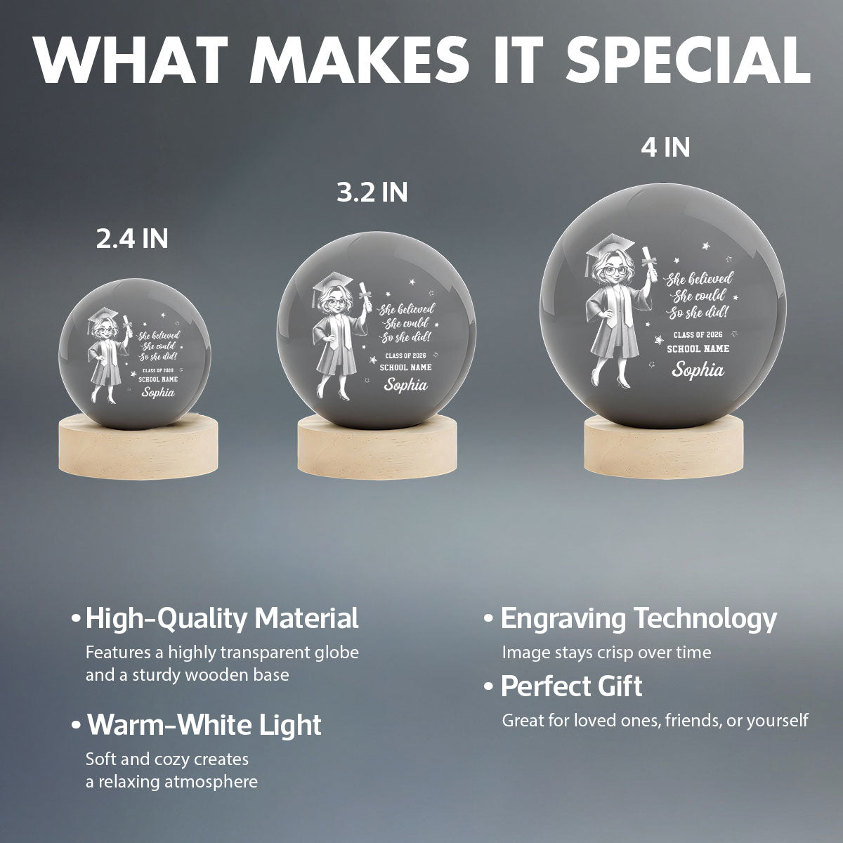 Senior She Believed She Could So She Did It- Personalized Crystal Ball LED Night Light - Graduation Gift For Graduates, Daughter, Son