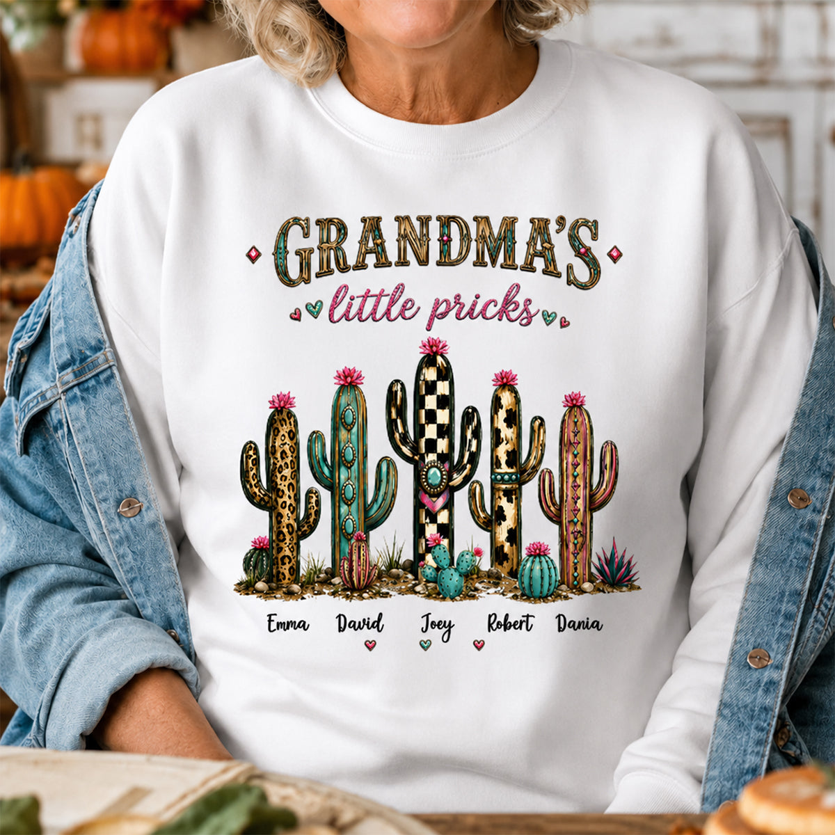Grandma's Little Pricks - Personalized Shirt - Leopard Cactus Fall Vibe, Trendy Tee for Grandma