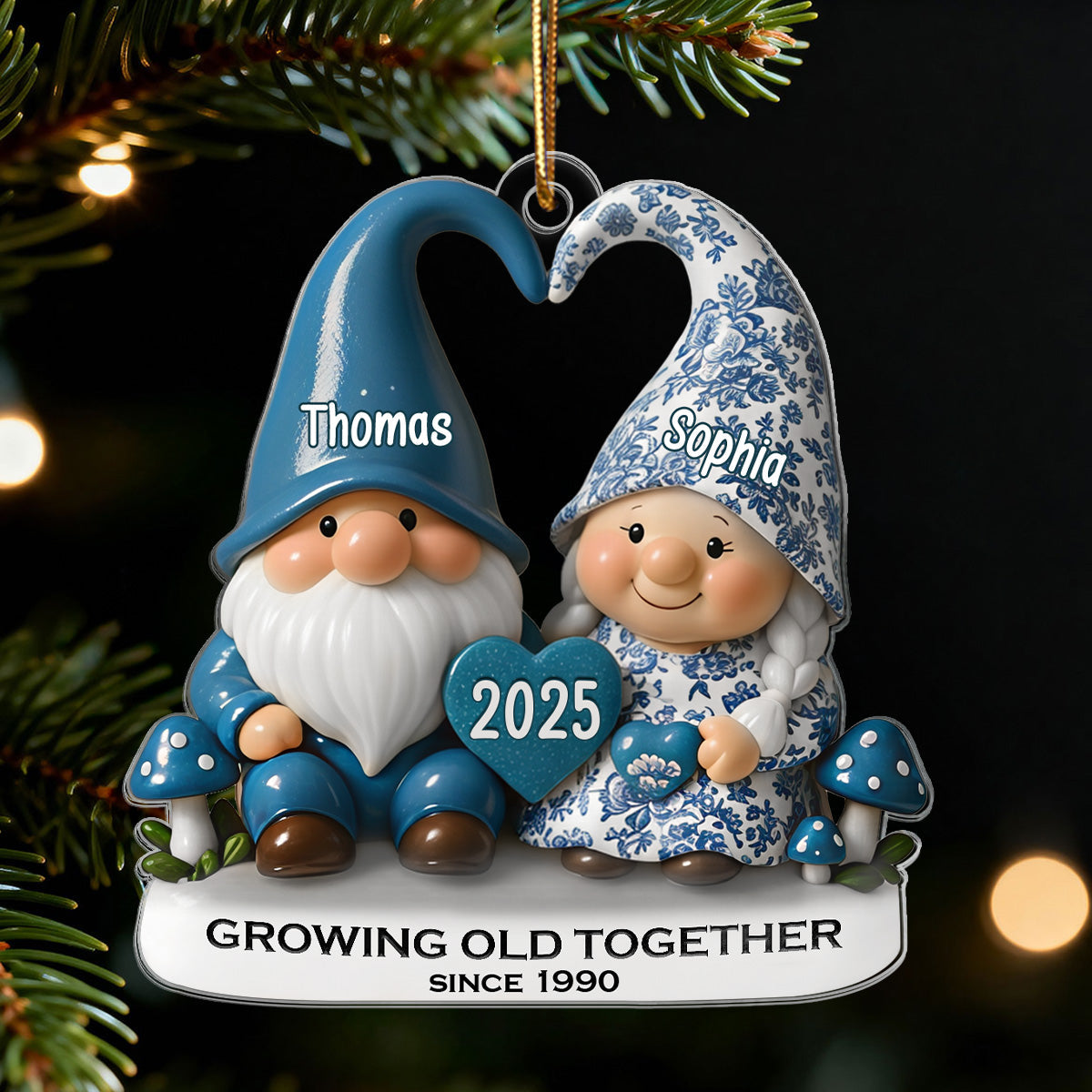 3D Effect Vintage Toile De Jouy Pattern Gnome Couple - Personalized Acrylic Ornament