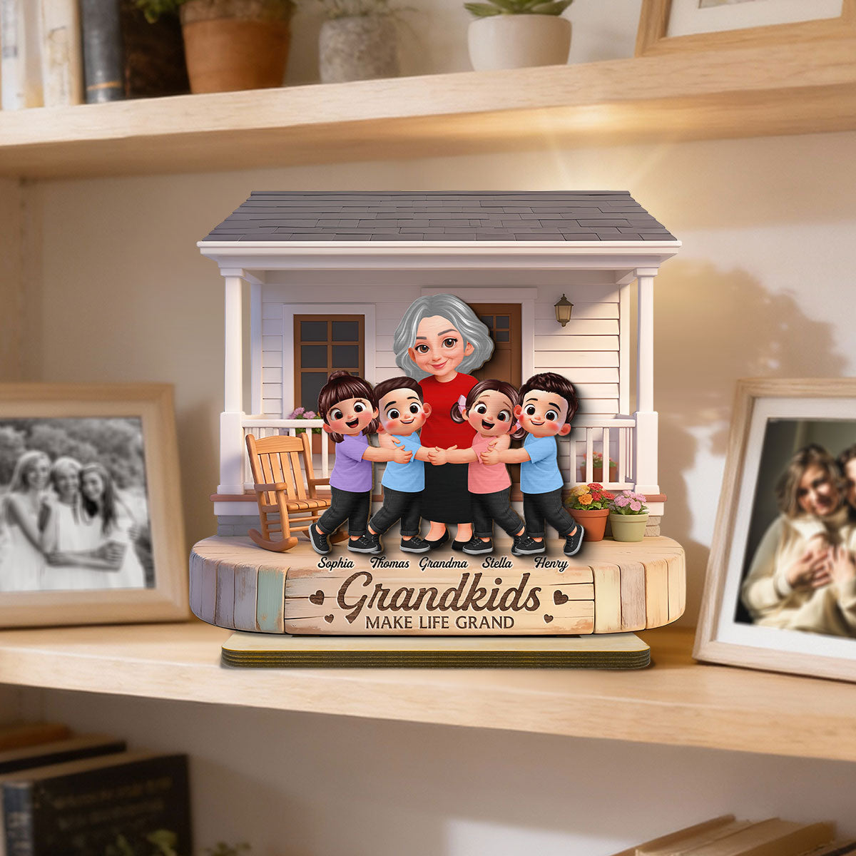 Grandma And Grandkids Happy Together At Front Porch - Personalized 2-Layered Wooden Plaque - Gift For Grandma