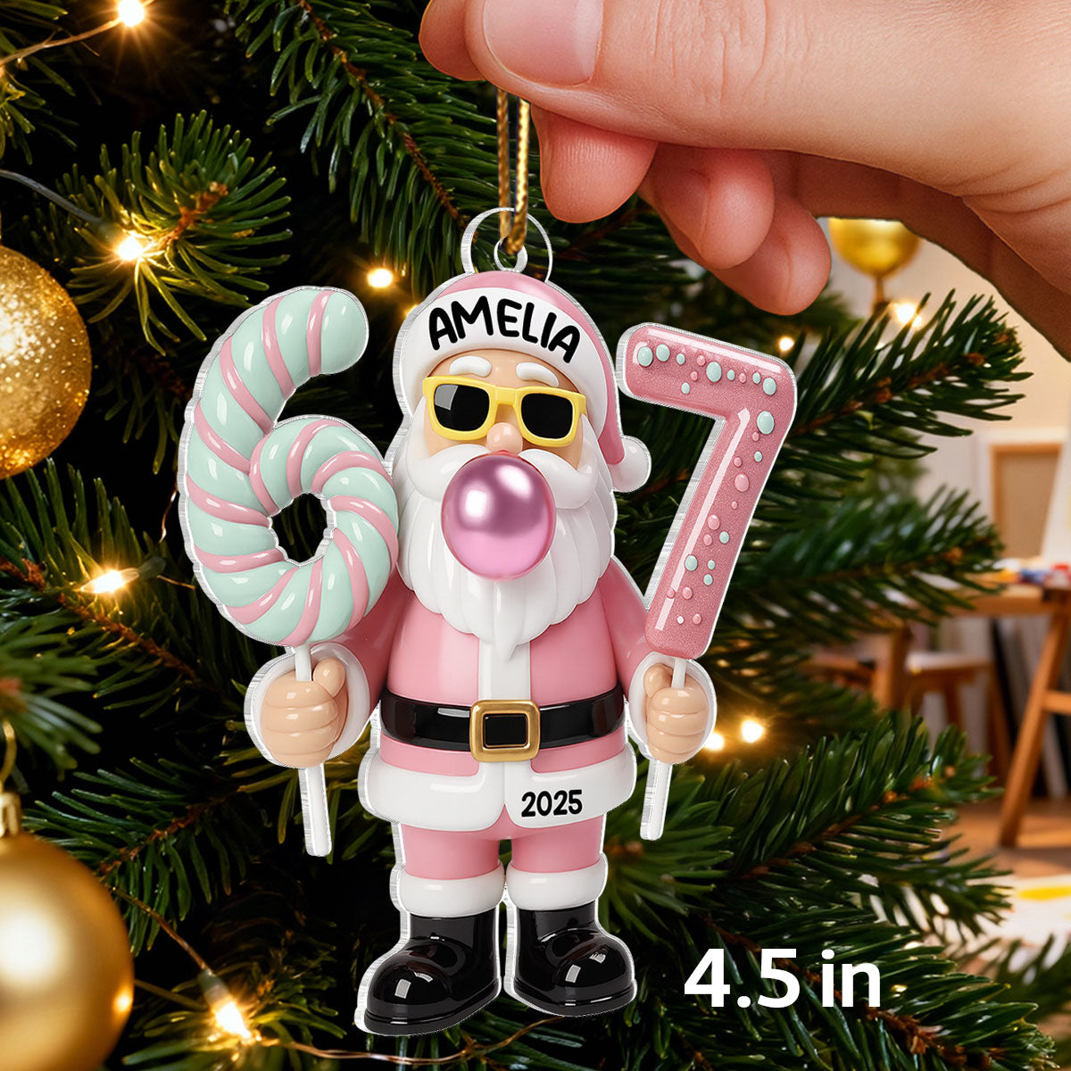 Pink Santa Six Seven - Personalized Acrylic Ornament - Christmas Gift for Kid, Grandkids