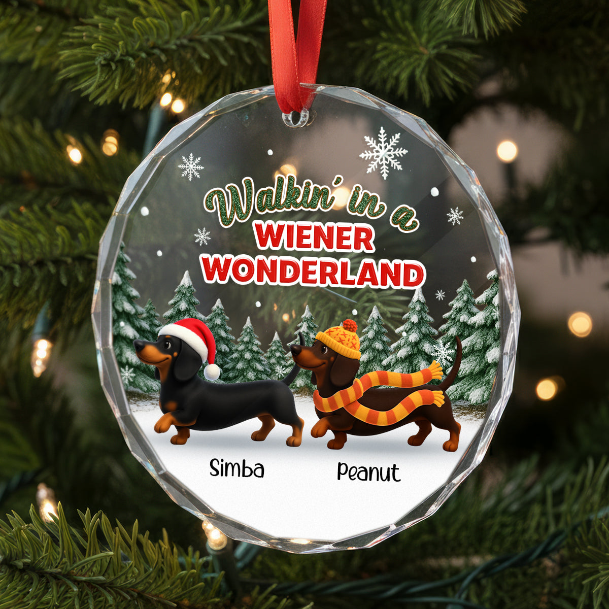 Christmas Dachshunds Walking In A Wiener Wonderland - Personalized Glass Ornament