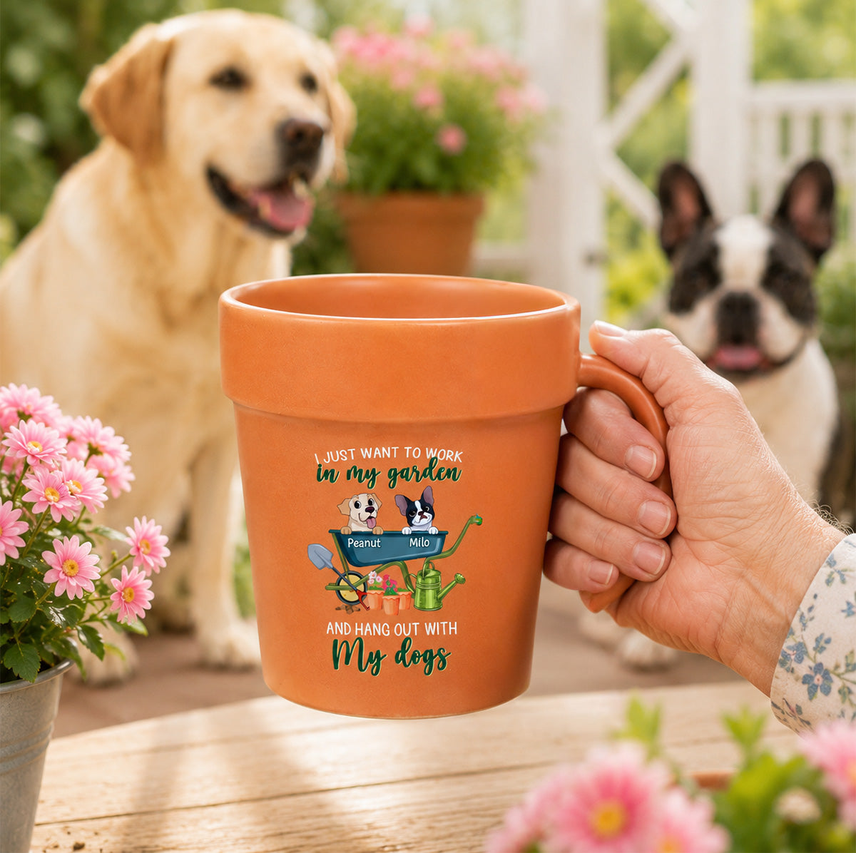 Just Want To Work In My Garden With My Dogs - Personalized Plant Pot Ceramic Mug - Gift For Gardening Lovers