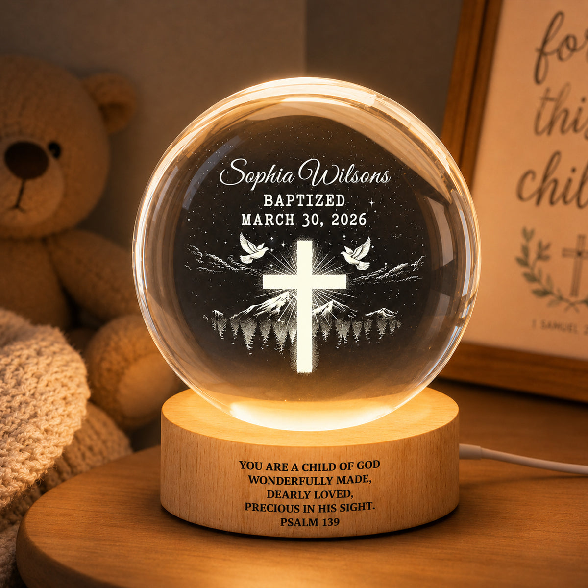 You Are a Child of God Baptism - Personalized Crystal Ball LED Night Light - Nursery Decor