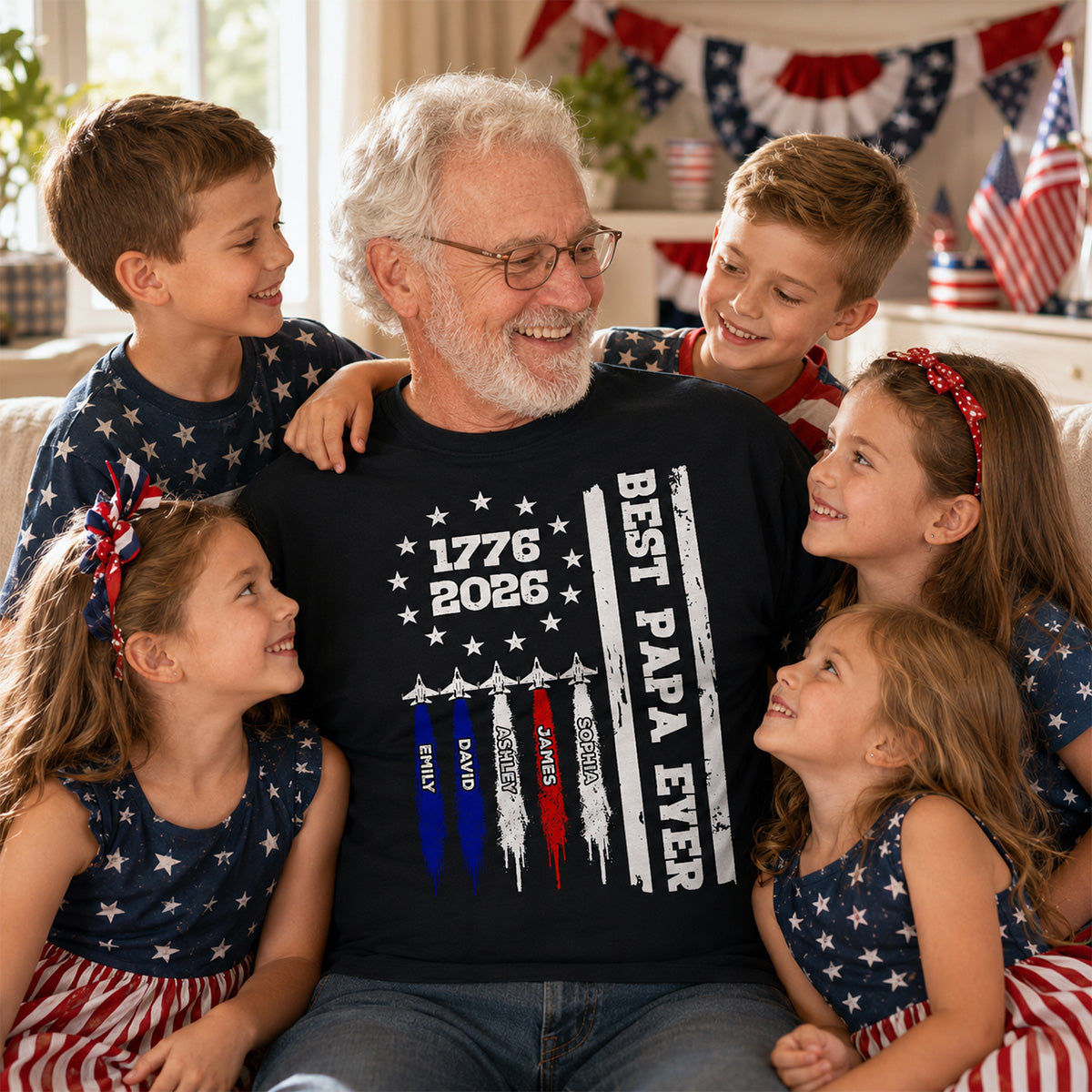 Best Dad Grandpa Ever Jets Smoke Custom Kid Name - Personalized Shirt - American 250th Anniversary Keepsake For Husband, Dad, Grandpa