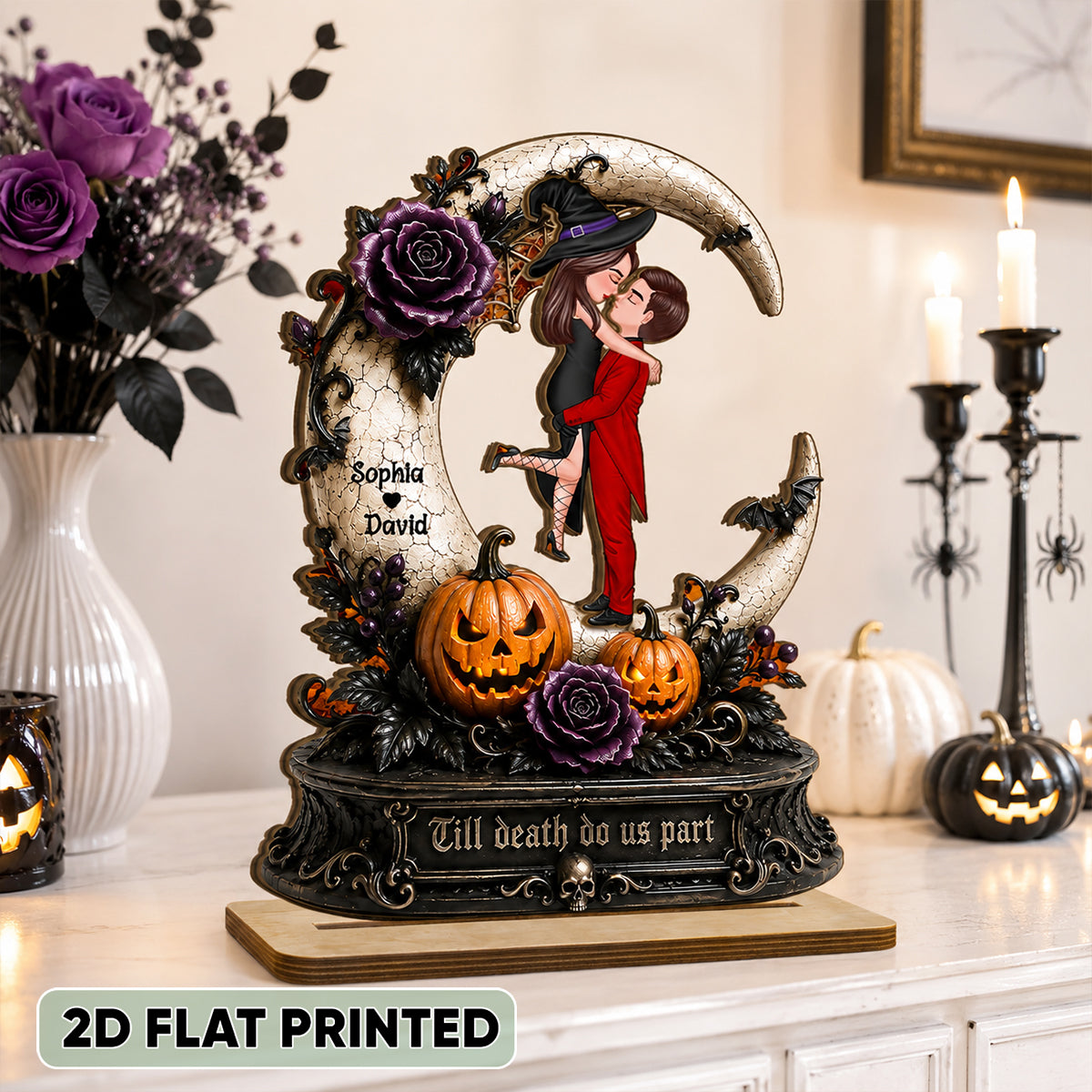 Spooky Couple Moon Halloween - Personalized 2-Layered Wooden Plaque - Halloween Decor Gift, Gift For Couple